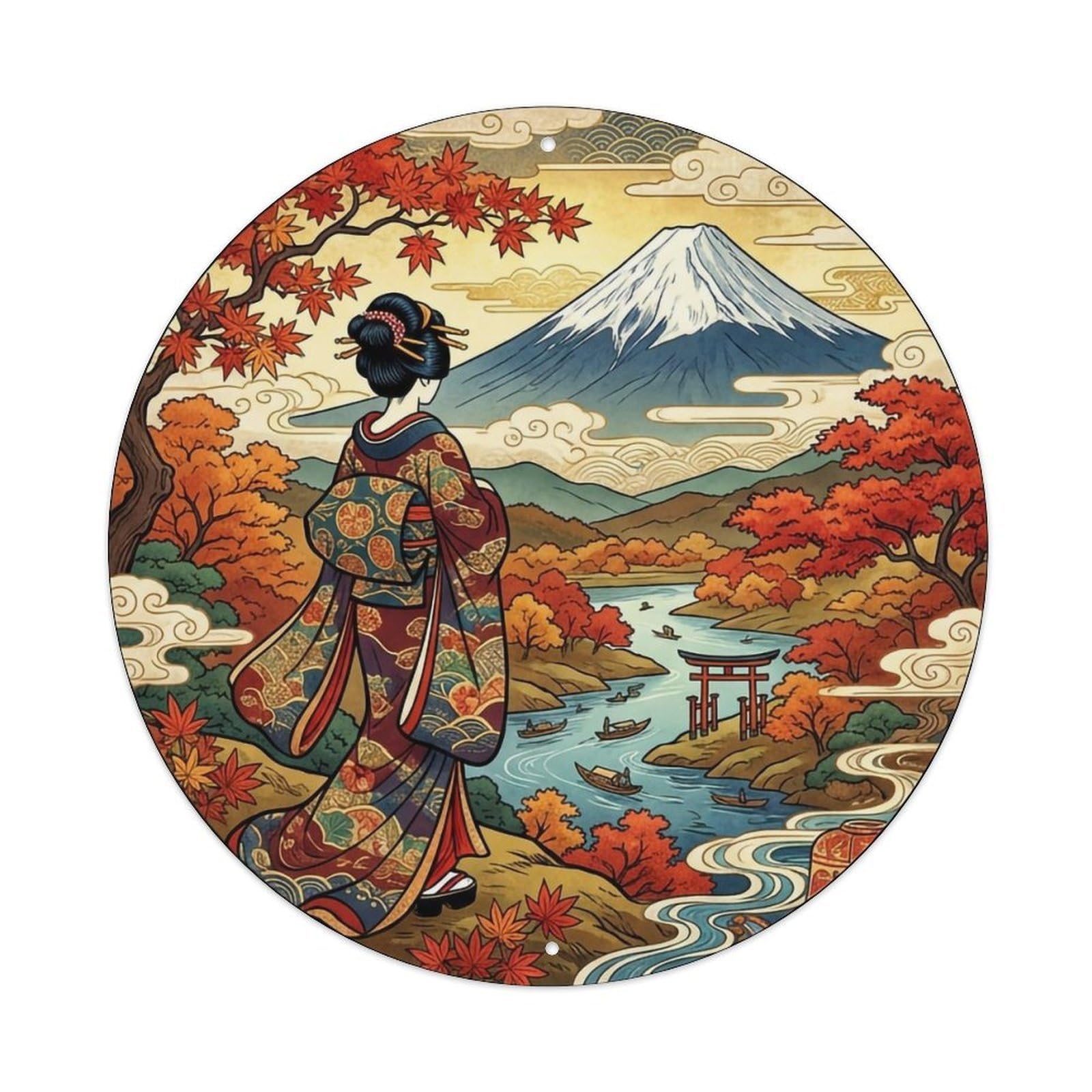 Japanese Fuji Autumn Maple Geisha Viewing Metal Tin Sign