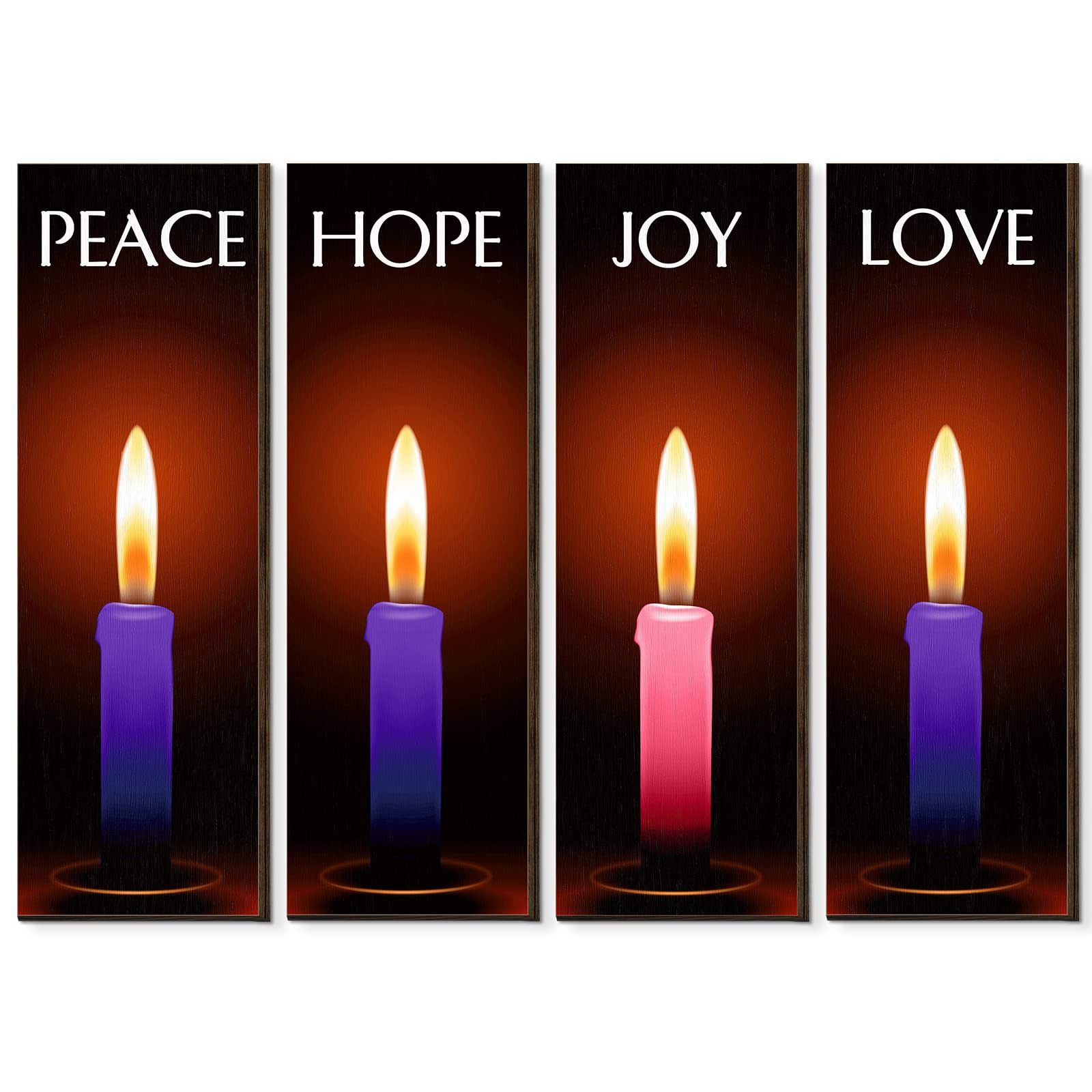 4 Pieces Christmas Wooden Wall Decor Signs Rustic Religious Wall Art with Advent Candles Love Peace Hope Joy Printing, Hanging Wood Wall Plaque Gifts for Family Home Church Office, 12 x 4 x 0.2 Inch