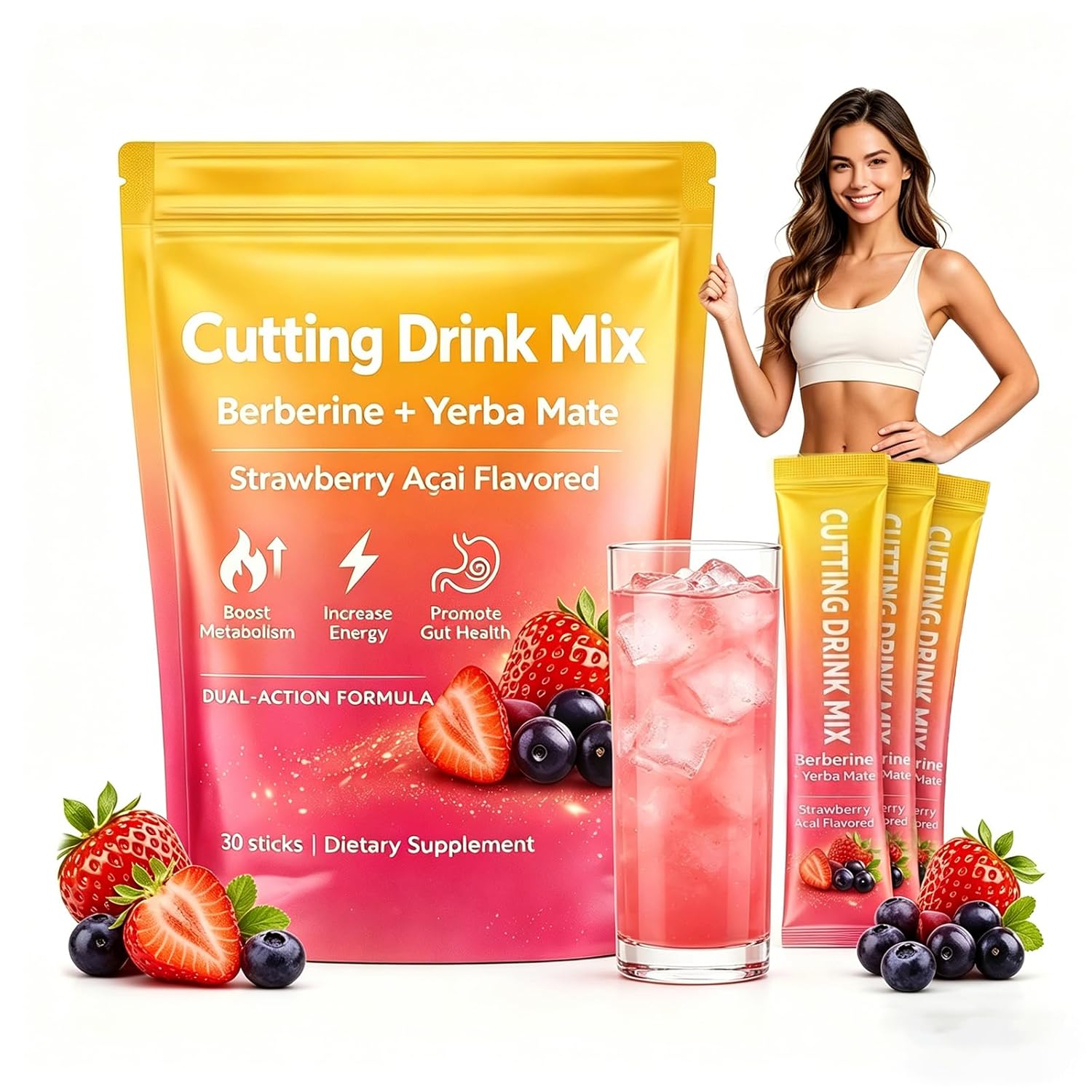 Cutting Drink Mix - Berberine, 𝟓-𝐇𝐓𝐏, Yerba Mate & Magnesium, Cravings Control, Supports Satiety Signaling - 30 Servings（1）