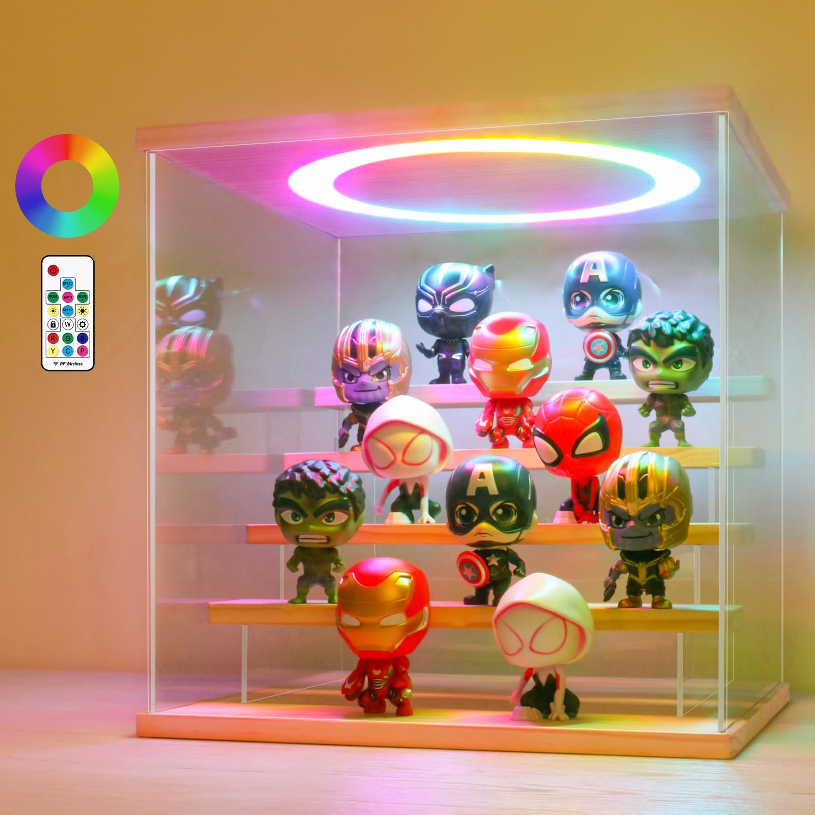 LANSCOERY Acrylic Display Case with Color Changing LED Light, Clear 5 Tier Organization, Dustproof Wooden Display Box, Exclusive Showcase for Collectibles, Mini Figures and Funko Pop, 11.8x11x11.8inch