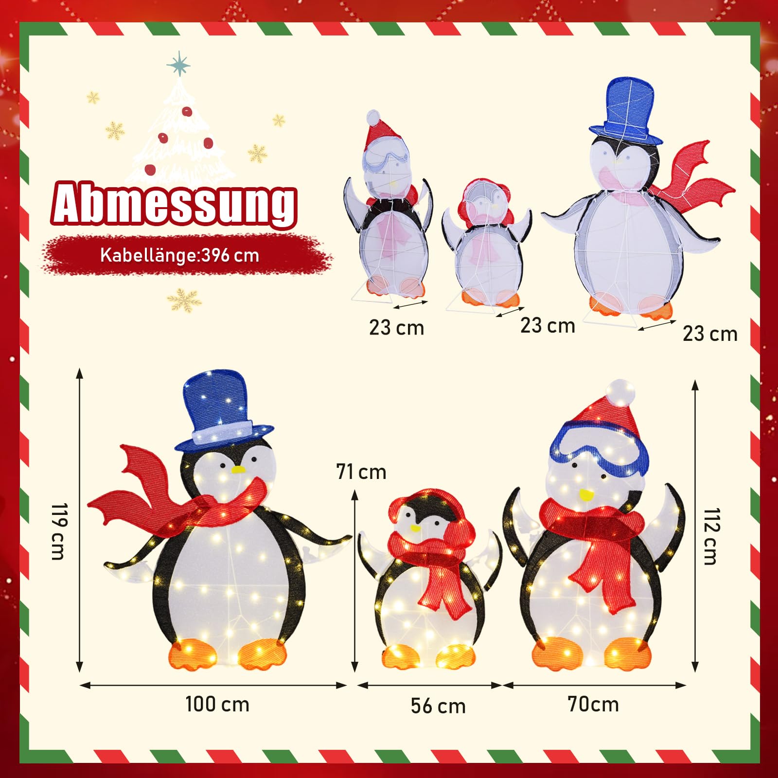 COSTWAY 3 teilige LED Pinguin Familie, beleuchtete Weihnachtsdeko mit 160 warmweißen LED-Lichtern & Schals, Weihnachtsfiguren XXL Outdoor, Weihnachtsbeleuchtung, Weihnachtsdekoration für Außen & Innen