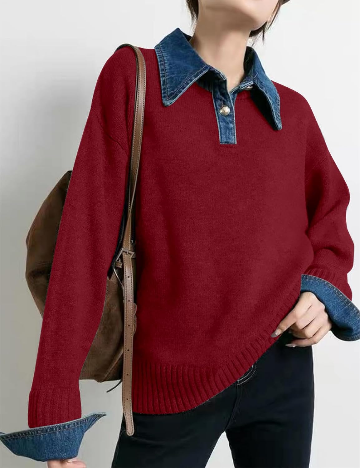 Womens Denim Lapel Sweater Oversized Long Sleeve Button Down Polo Knit Pullover Sweaters 2025 Fall Outfits - Image 2