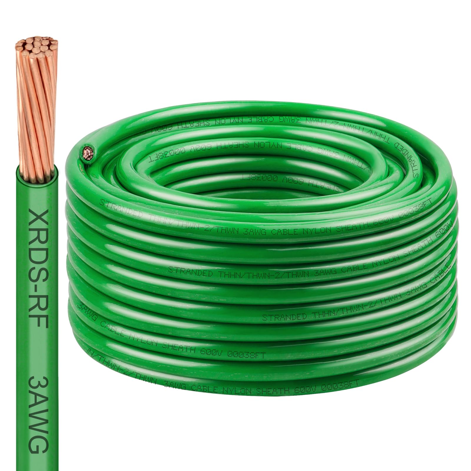 XRDS -RF 3 AWG THHN trenzado Alambre de cobre, cable de tierra verde 100FT, cable de construcción nominal de 600V, ideal para cableado de paneles, conexión a tierra, circuitos de iluminación, sistemas