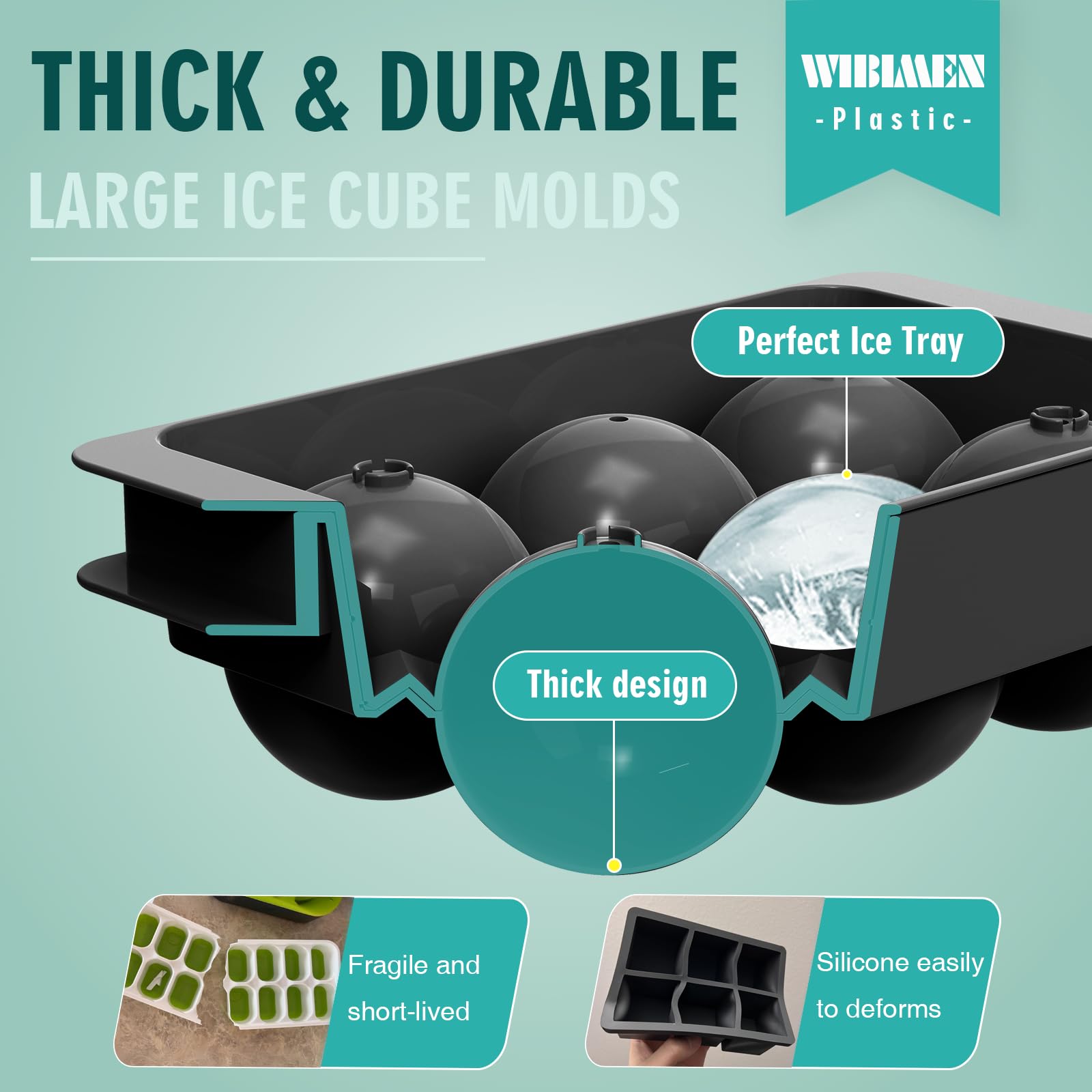 WIBIMEN Bandeja grande para cubitos de hielo, molde de hielo de whisky de 2.5 pulgadas, paquete de 2 moldes de cubitos de hielo esféricos con contenedor y pinzas, molde redondo para cubitos de hielo