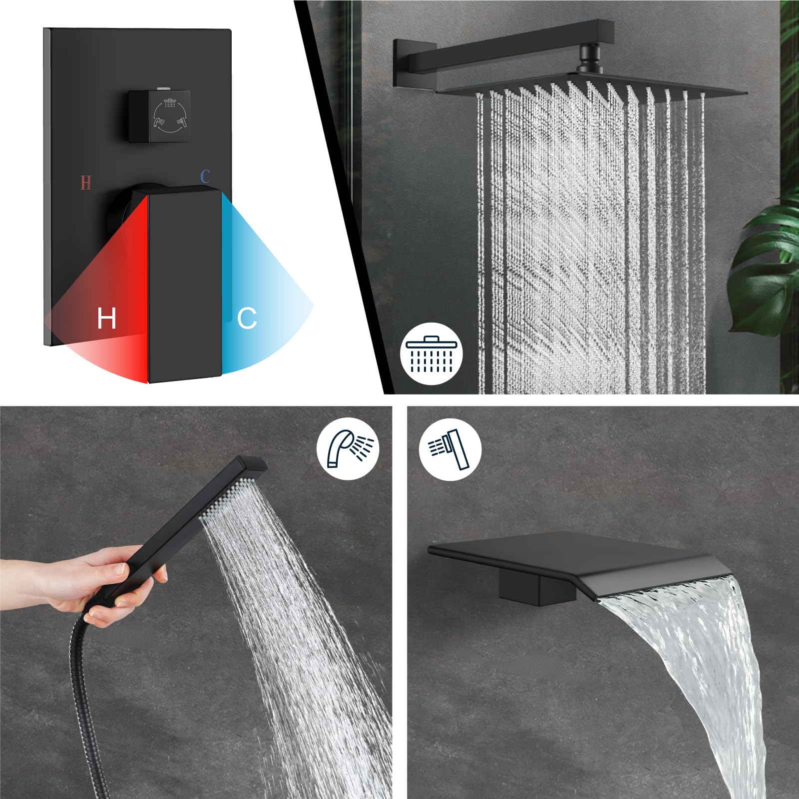 WELLFOR DT Rain Shower System Matte Black 10-in Waterfall Dual Head Built-In Shower Faucet System With 2-way Diverter (Pressure-balanced Valve Included) DTG-806CS16MB At