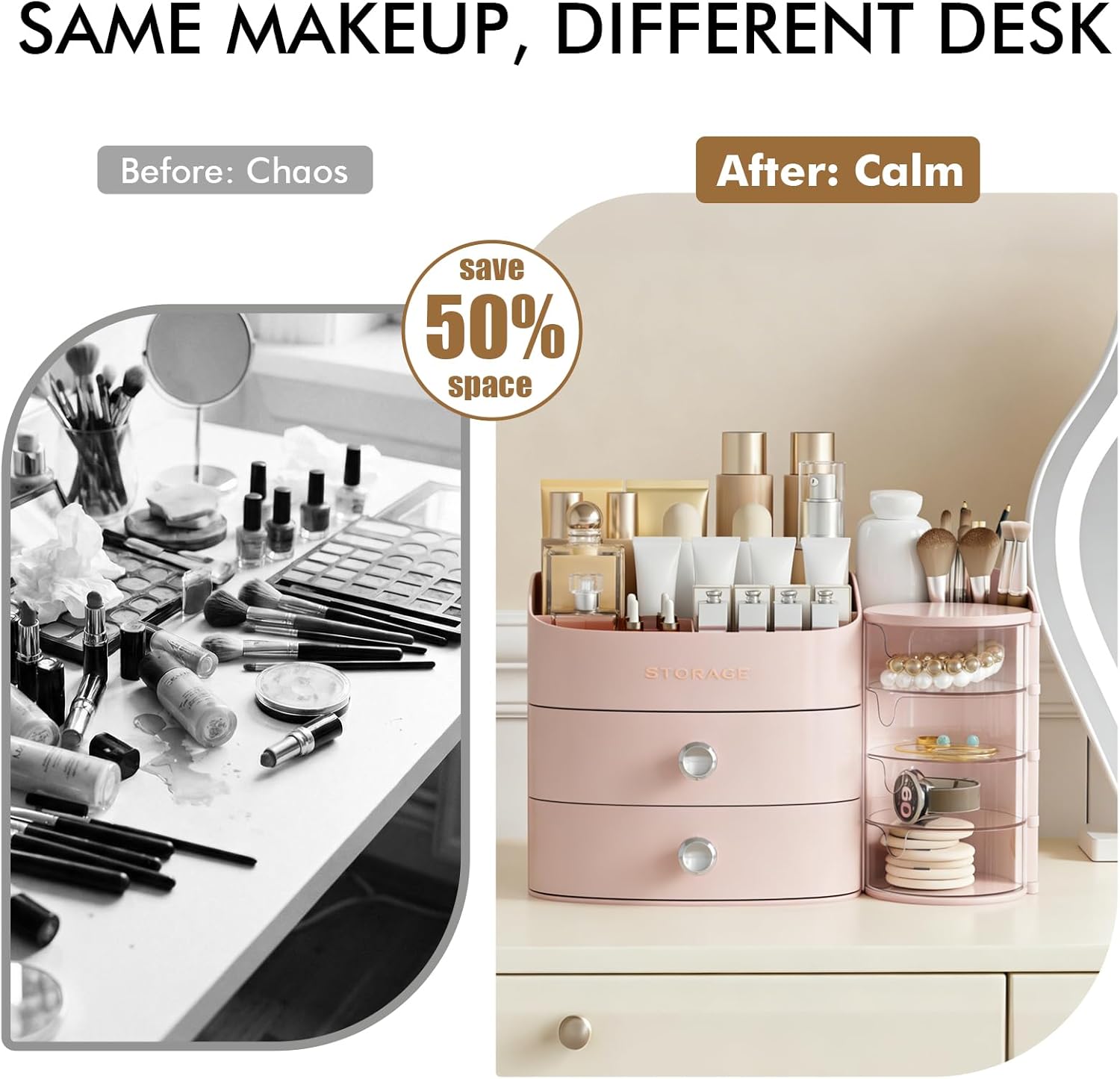 Makeup Organizer Countertop with Drawers, Make up Organizers for Vanity, Skincare Jewelry Earring Organizers, Cosmetic Display Cases Makeup Storage for Bedroom & Bathroom, Ideal Gifts for Women(Pink)