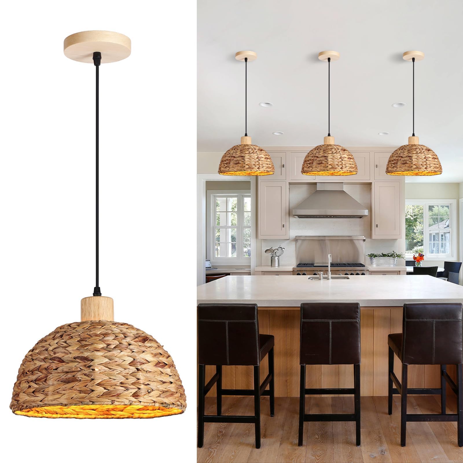 Schindora Boho Lamp Shade,30Cm Hand-Woven Water Hyacinth Light Shade Fixture Farmhouse E27 Pendant Light Chandelier for Bedroom Living Dining Room Restaurants