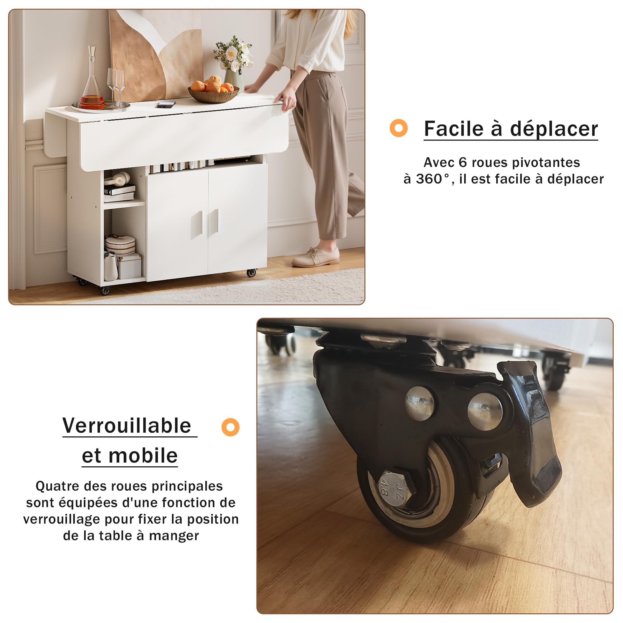 Table à Manger Pliante, Mobile Table de Cuisine avec roulettes pour 6 Personnes avec 1 Grande Armoire et 3 Compartiment Ouvert, pour Petits espaces, Salle à Manger, 100 x 70 x 79 cm Blanc