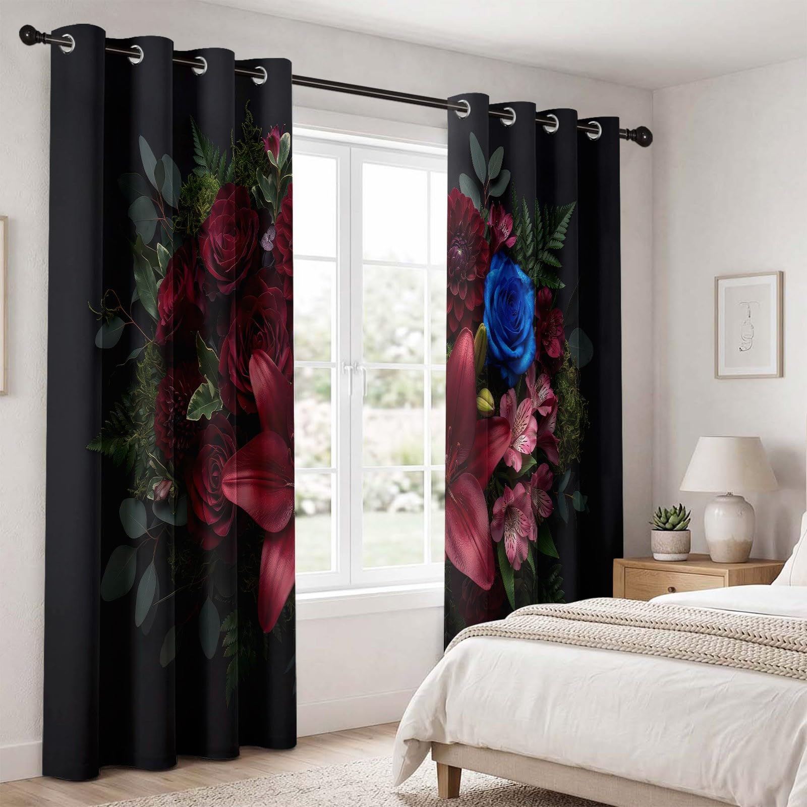 Rideaux Occultant Floral Art, Rideaux Occultant Rose Bordeaux & Dahlia Rideau Thermiques Isolant Anti Froid et Chaleur Rideau à Oeillets pour Salle À Manger, 2 PCS, 91.5L X 214H cm