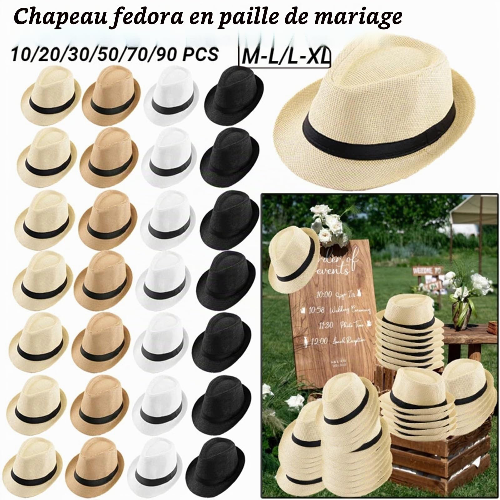 Chapeau de Paille Homme Lot de 10 à 90 Chapeaux Fedora en Paille for Hommes et Femmes, Chapeaux de fête de Mariage, Casquettes de Plage à Bord Court(Straw-XL-Beige,10 PCS)