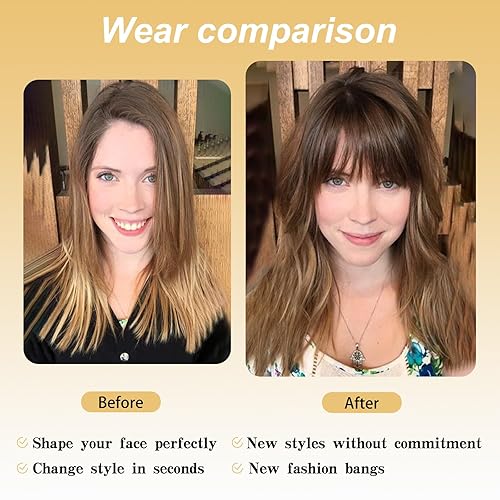 Miniatura 5 de Flequillo con clip, 100 % cabello humano real, flequillo francés, color marrón caoba con clip en flequillo falso con sienes, extensiones de cabello