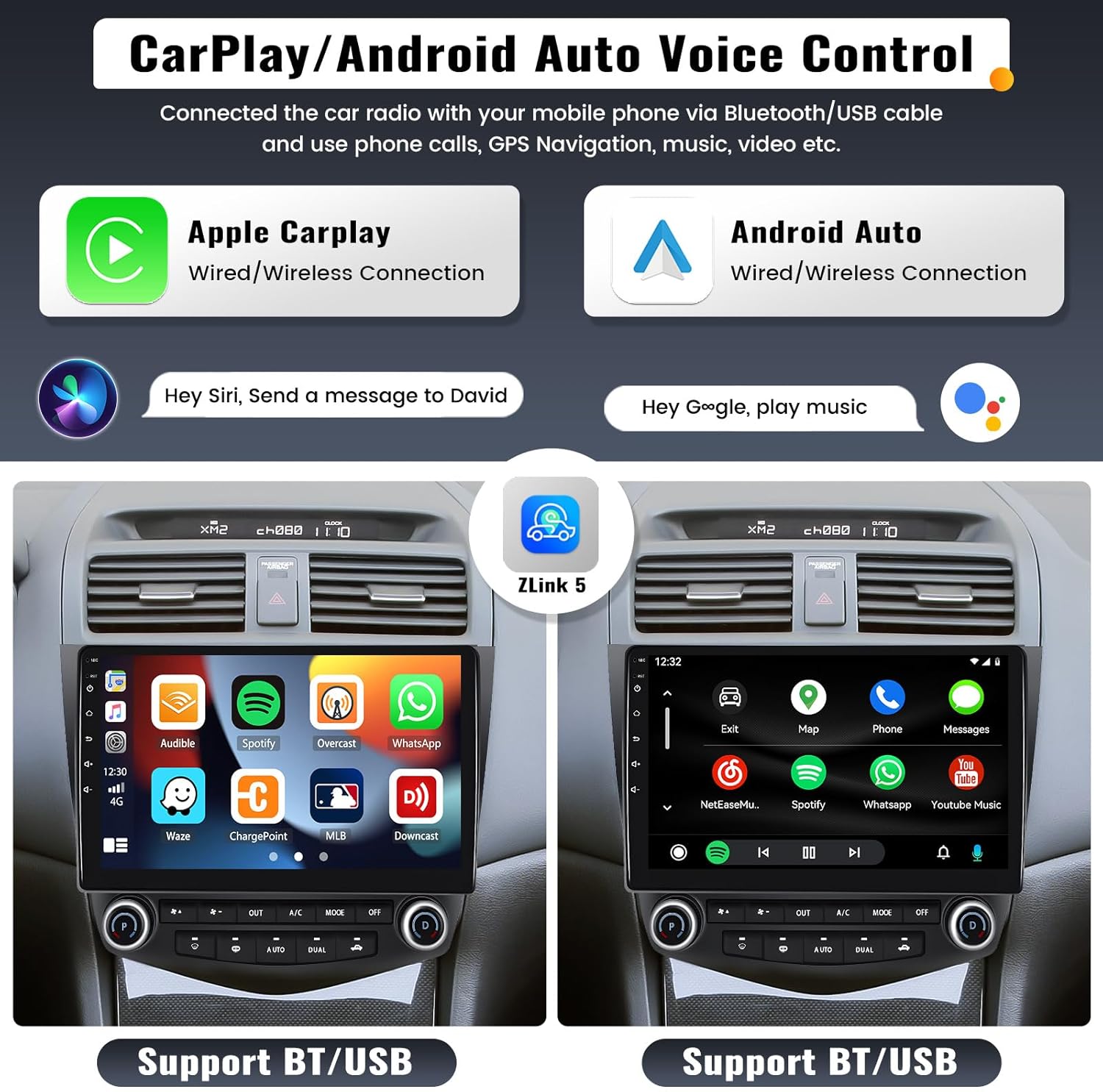 Diagram illustrating Apple CarPlay and Android Auto voice control features, showing icons for Siri and Google Assistant.