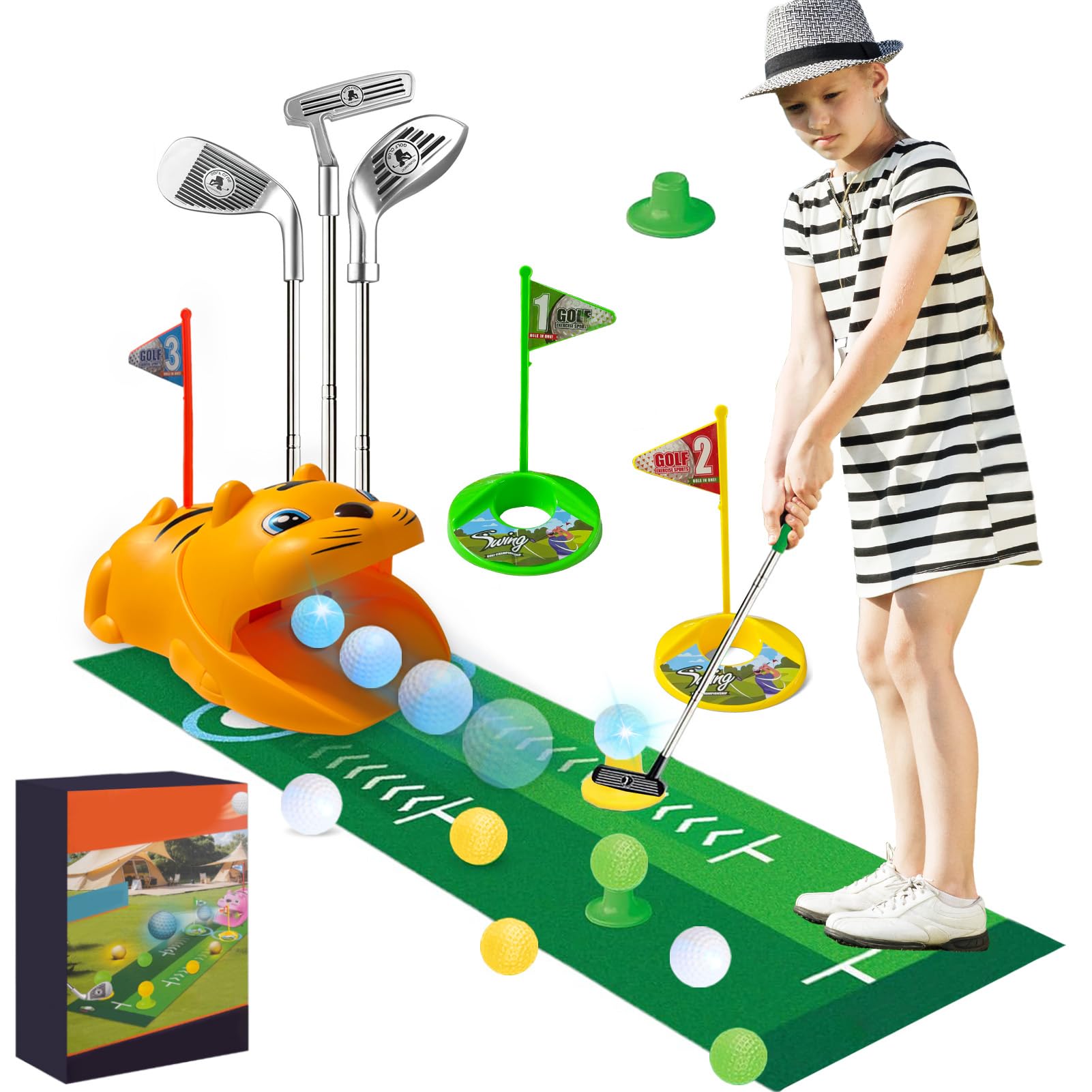 Mini Golf Set 18 pièces pour Enfants - Tapis de Putting avec Balles et Club - Cadeau pour Filles et Garçons (Jaune)