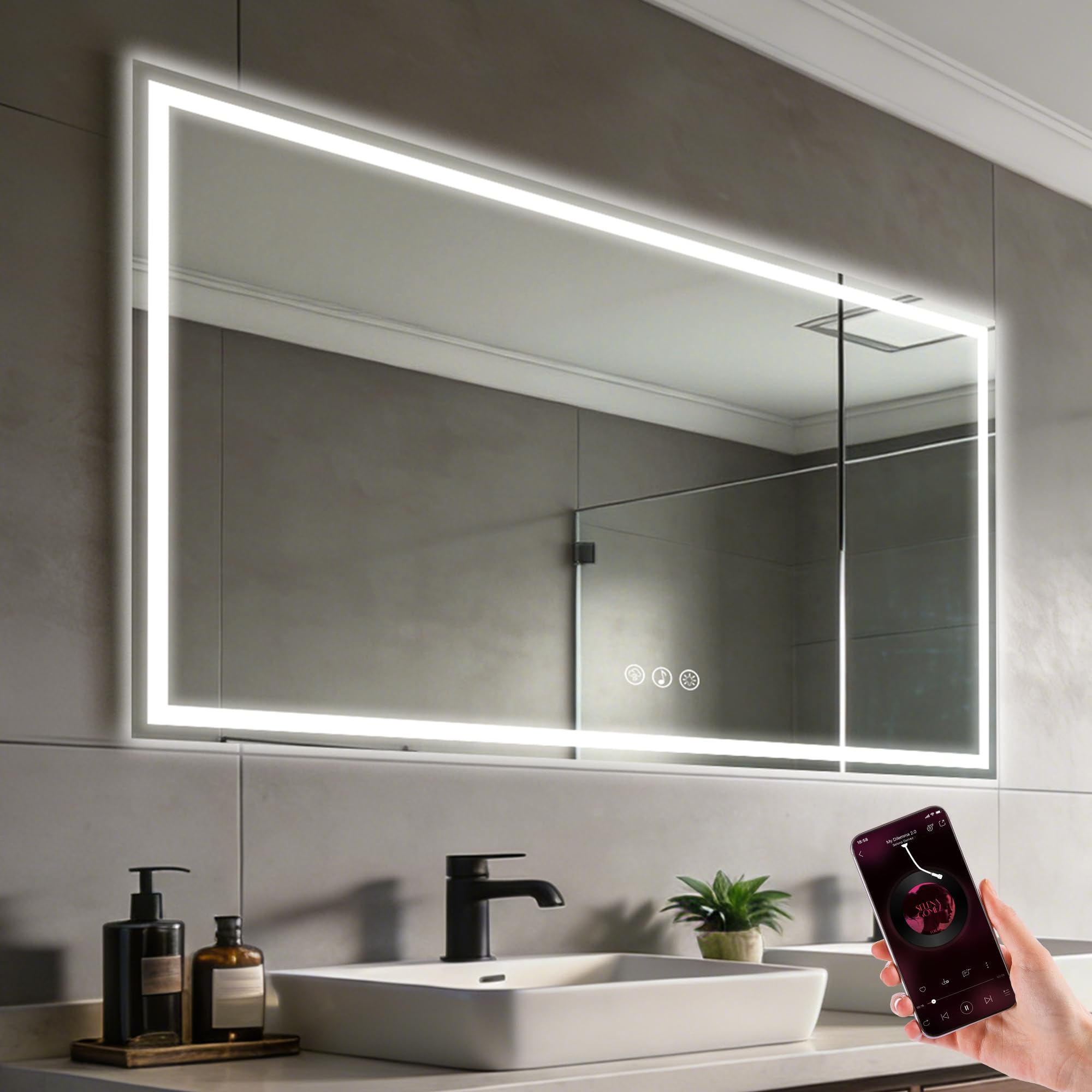 Simusi Specchio da Bagno a LED con Luce 80x150 cm, Bluetooth, 3 Colori | Specchio parete con grado di protezione IP44, Orizzontale/Verticale, illuminazione regolabile a 3 colori, antiappannamento