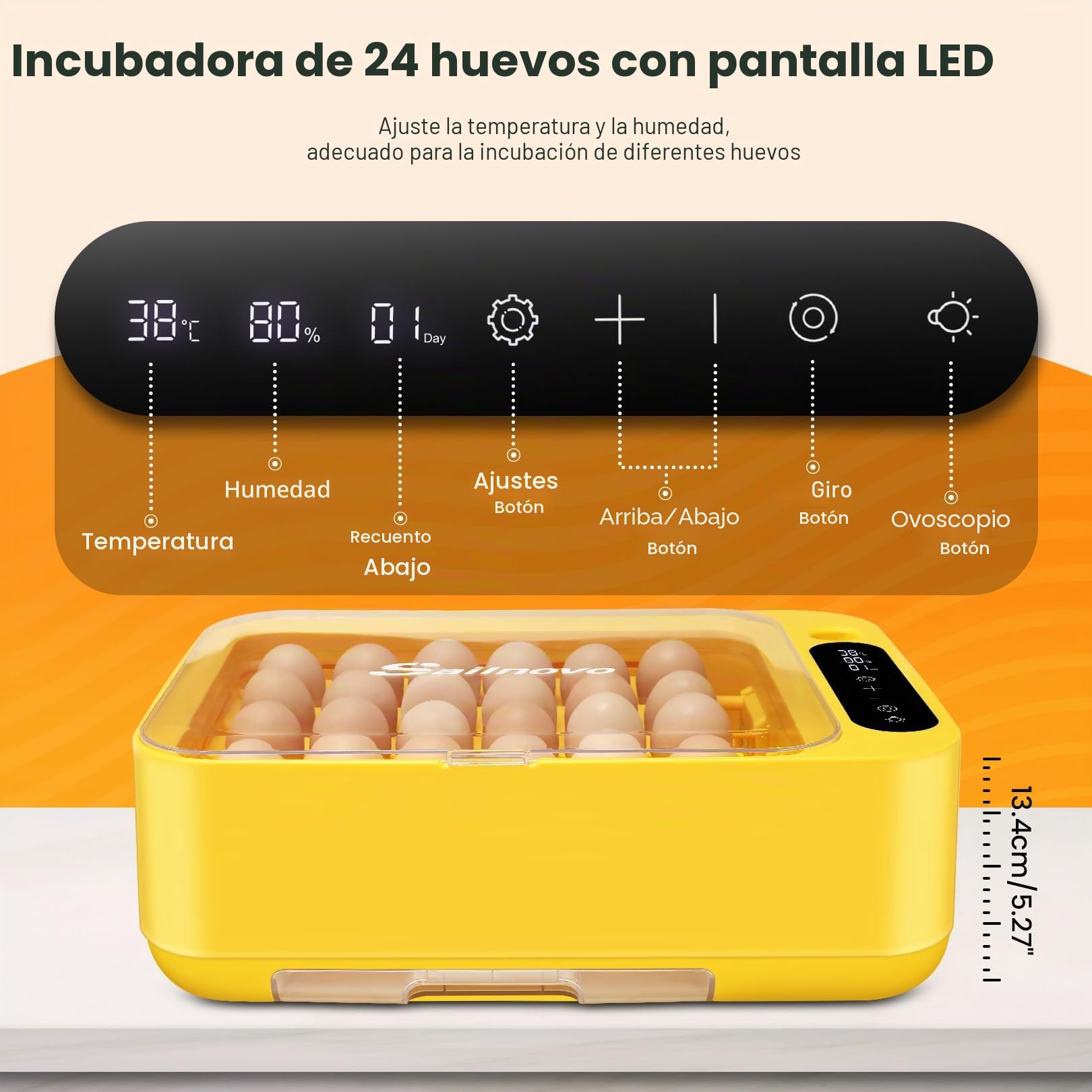 Sailnovo - 24 incubadoras para pollos, otras aves + 20 huevos + incubadora totalmente automática + control de temperatura + indicador de humedad + adición de agua externa- amarillo