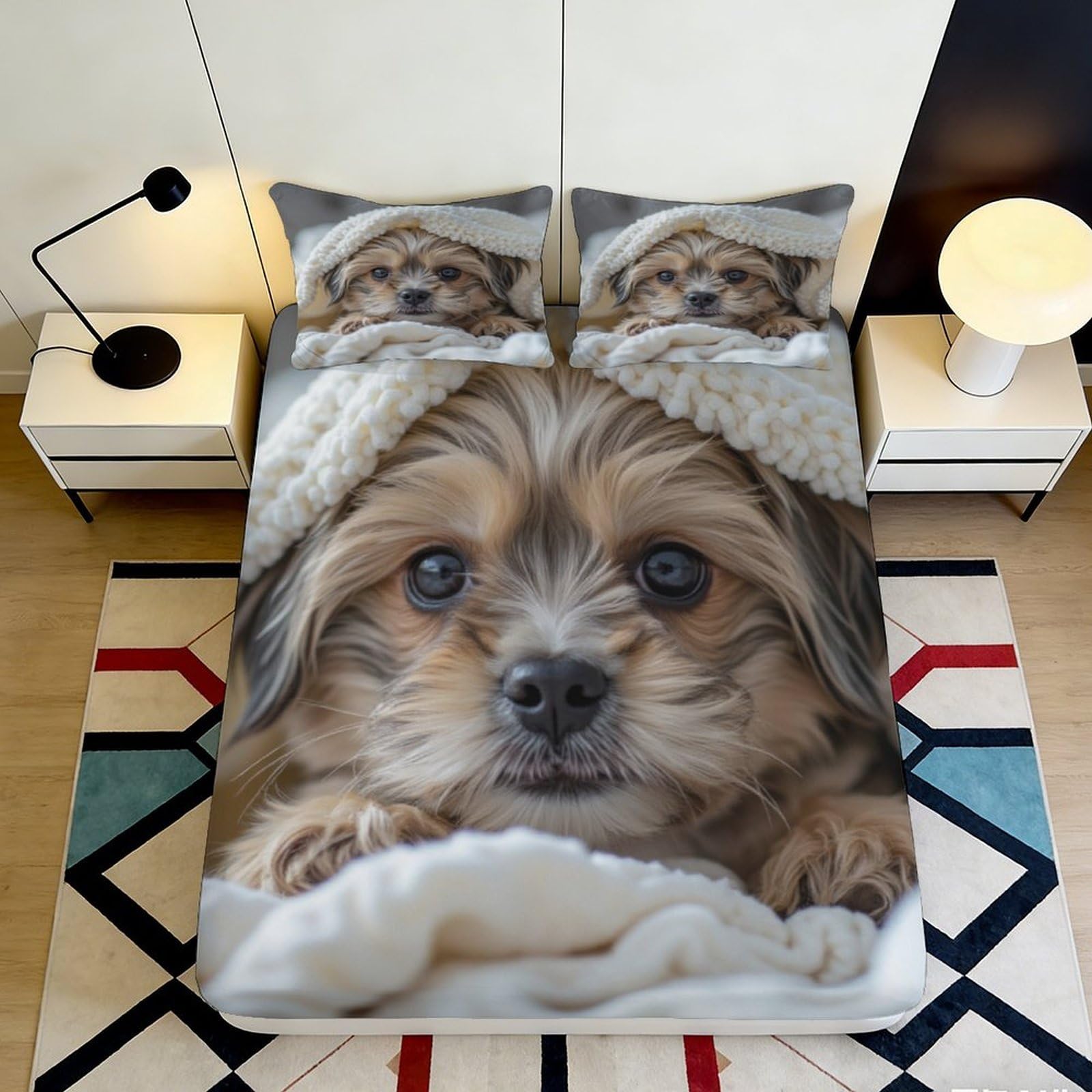3D Printed Cute Puppy Fitted Sheet Microfiber Soft Breathable Dog Blanket Mattress Cover for Bedroom Guest Room Decor 200x200x25cm