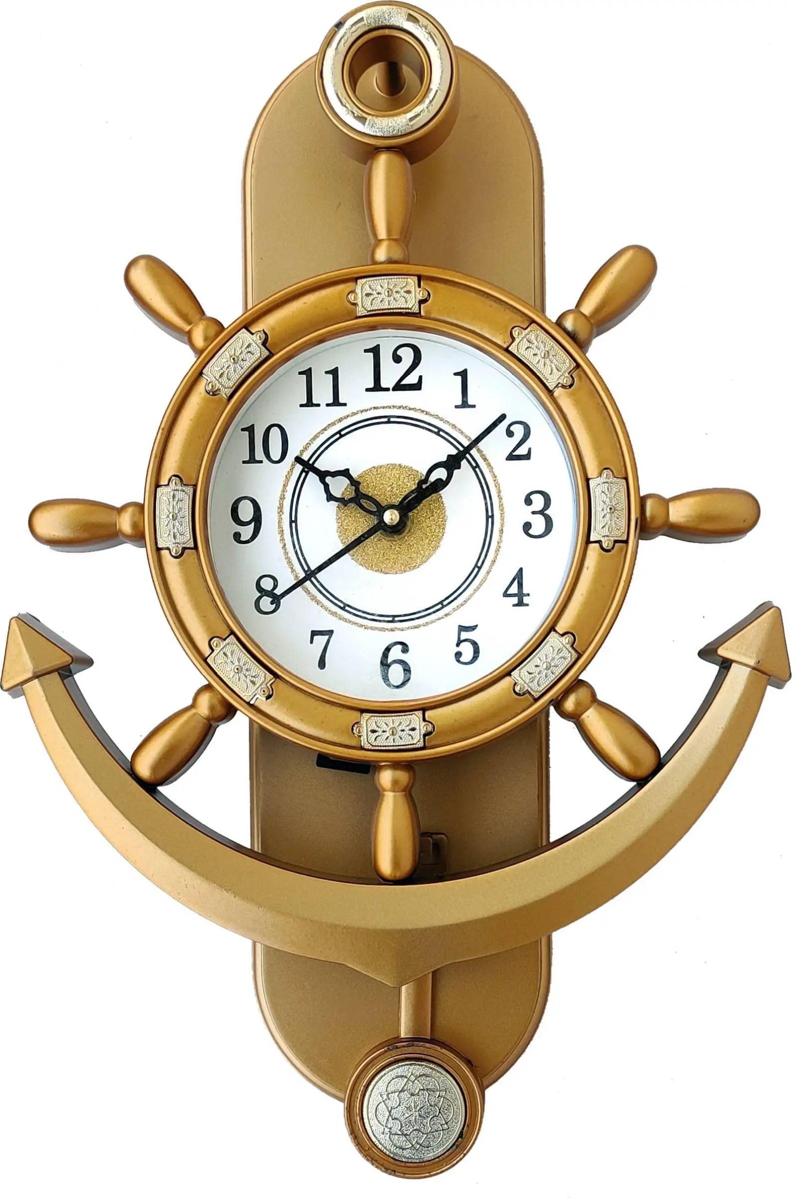 Analog 36 cm X 26 cm Wall Clock (Yellow, with Glass, Pendulum)(Golden-Anchor)-image-21
