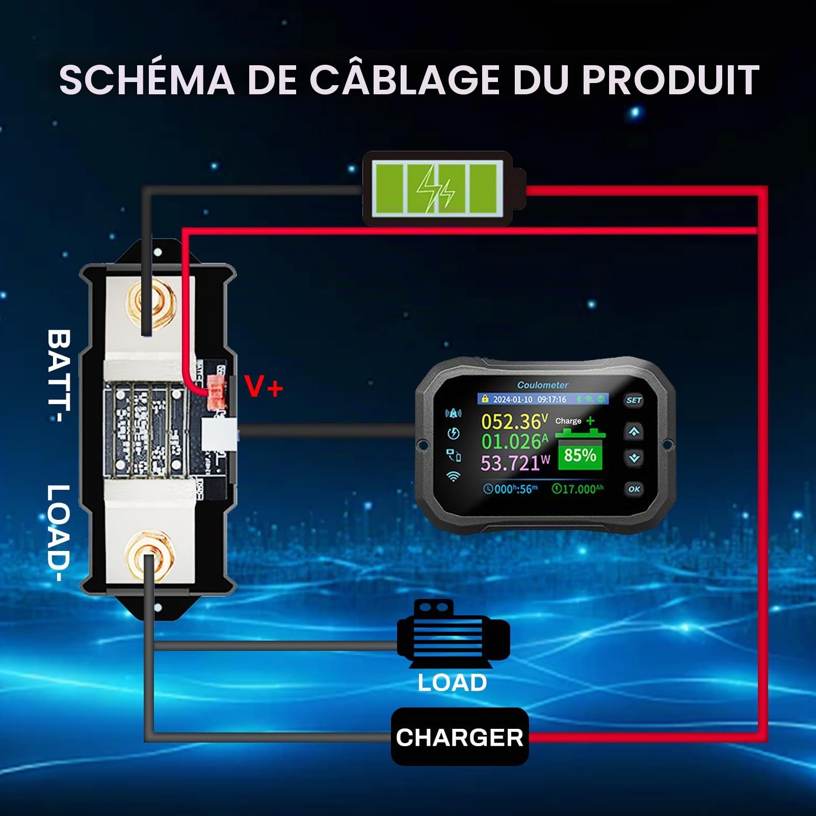 100A wifi moniteur batterie 12V 24V 36V 48V 72V moniteur batterie 10-100V affichage tension app télécommande moniteur batterie caravane garde batterie (KM110F avec alarmes)