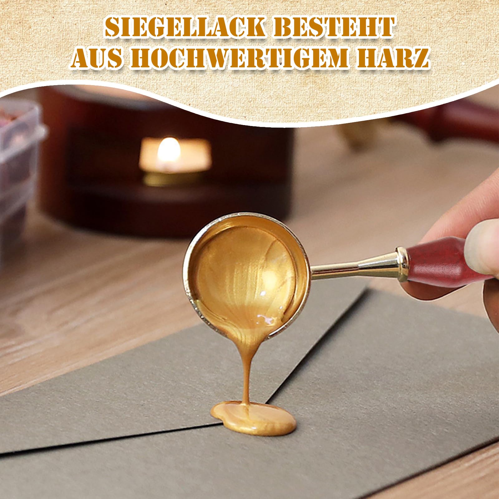 300 Stück Gold Siegelwachs Perlen + Schmelzlöffel | Achteckig, Vegan, Für Karten & Geschenke | Karamell-Optik