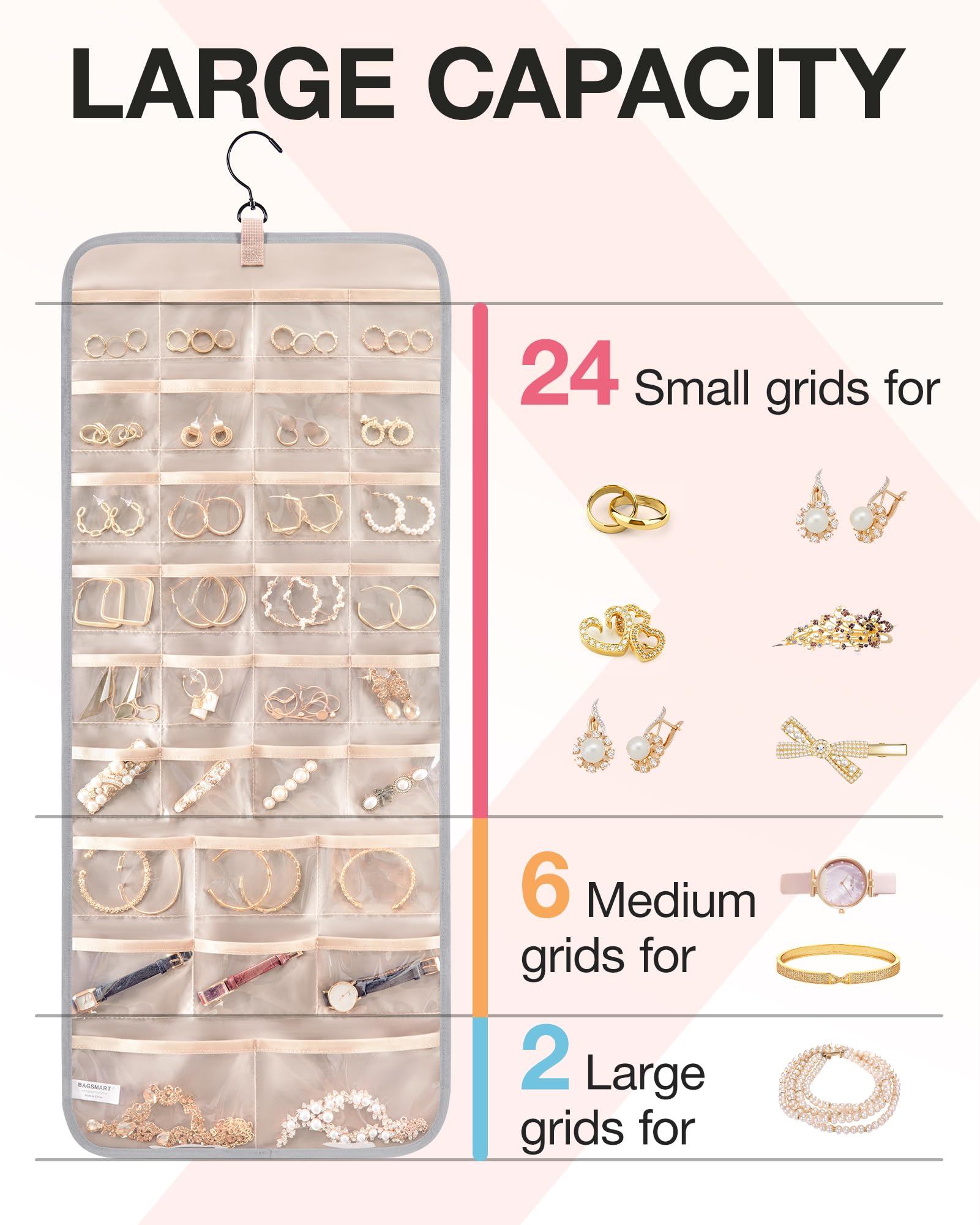 bagsmart Dual-sided Jewellry Organizer Hanging with Metal Hooks,40 Pockets and 3 Wave-Shaped Hooks,Jewelry Roll for Earrings,Necklaces,Rings on Closet,Wall,Door,1 Piece,Extra-Large,Grey - Image 3