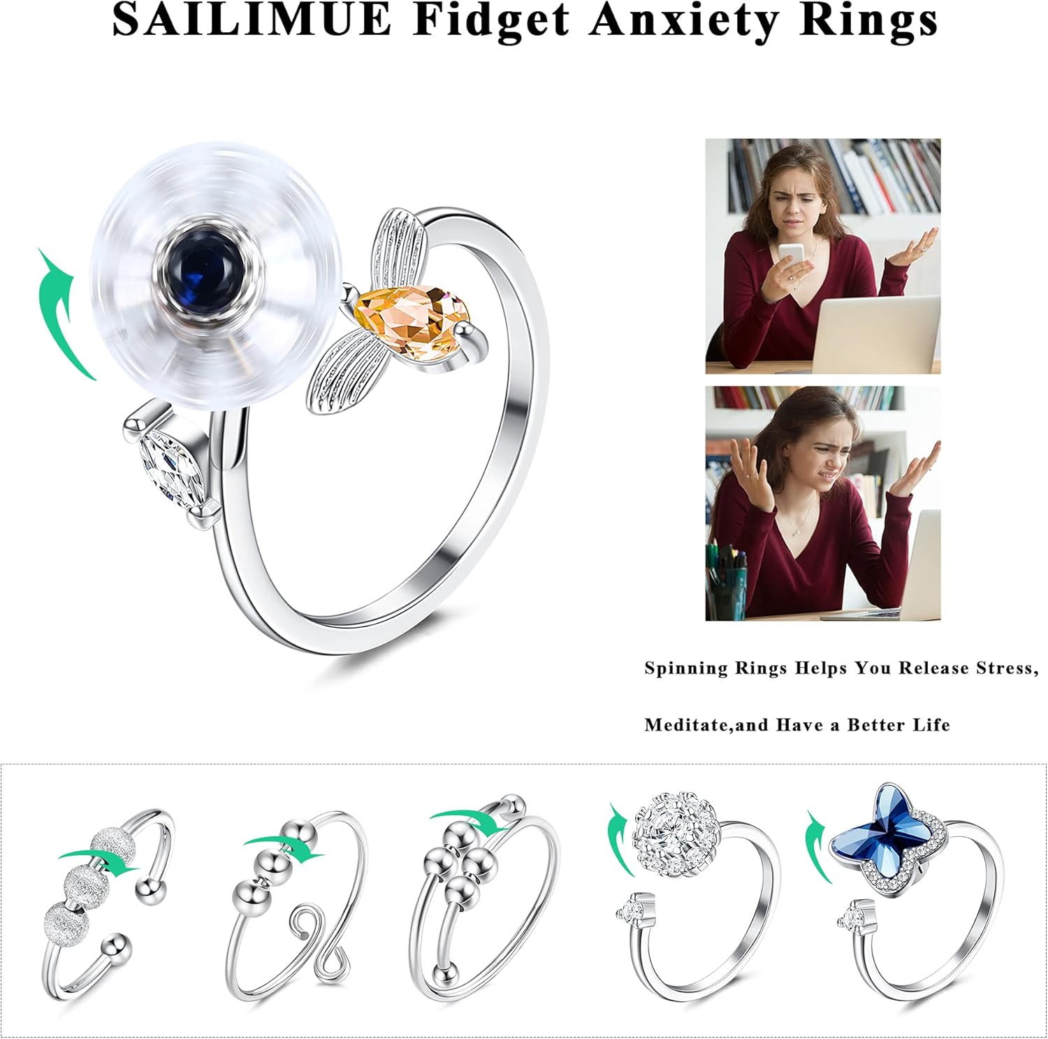 sailimue 3/6 Pcs Fidget Anxiety Rings for Women Adjustable Open Ring Set Spinner Fidget Rings for Anxiety Cubic Zirconia Flower Butterfly Bead Stress Relief Stackable Rings - Image 2