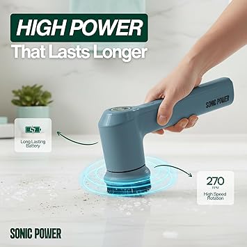 SonicPower Electric Spin Scrubber Handheld & Ergonomic, IPX7 Waterproof, 4 Multi-Purpose Brush Heads, Long-Lasting Rechargeable Battery Cleans Dishes, Bathroom, Tile, Grout & Kitchen (Steel Blue)