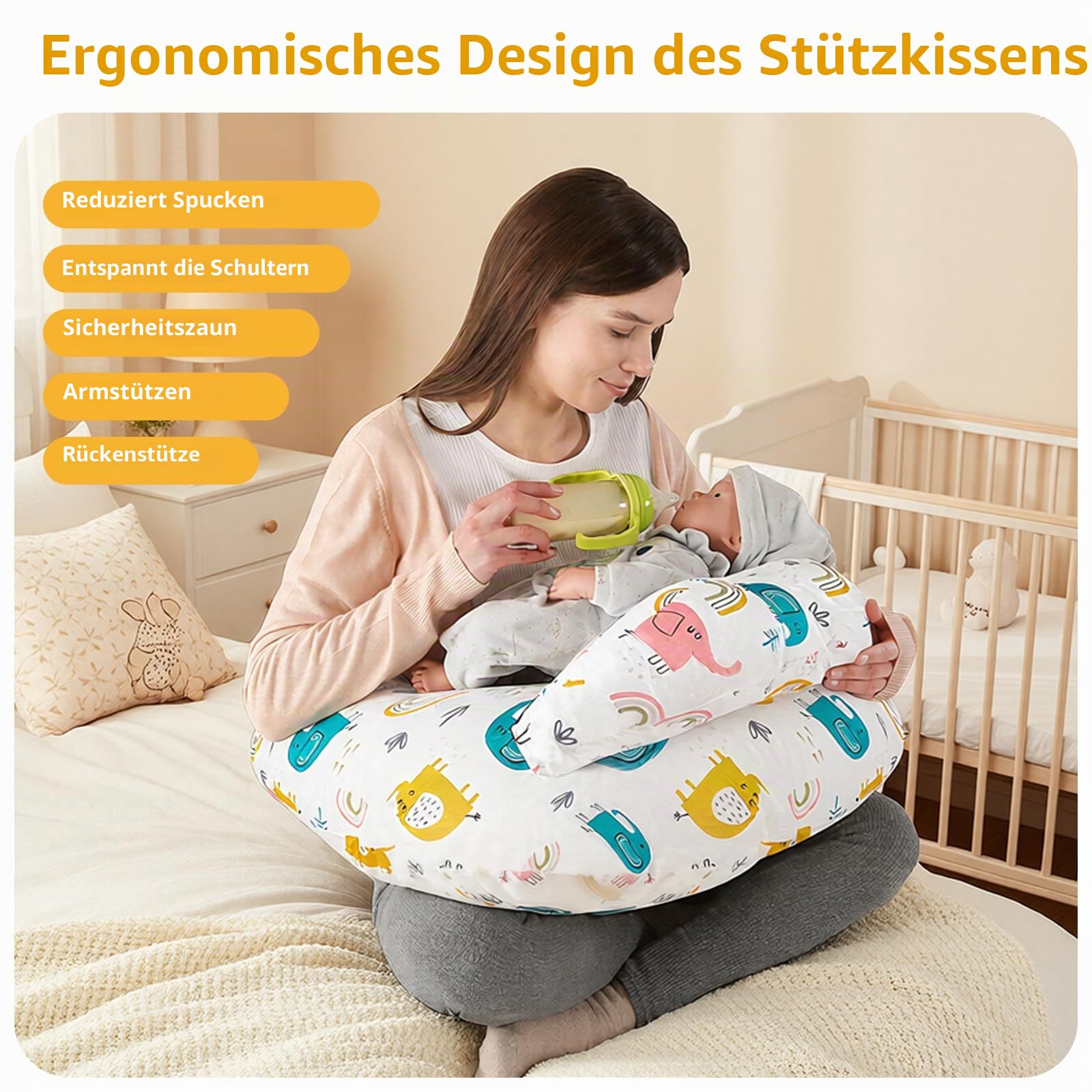 Labtec Stillkissen zum Stillen, Multifunktionales Stillkissen mit verstellbarem Bauchgurt und Sicherheitszaun, 100% Baumwolle & Abnehmbarer Kissenbezug, Elefanten-Druck
