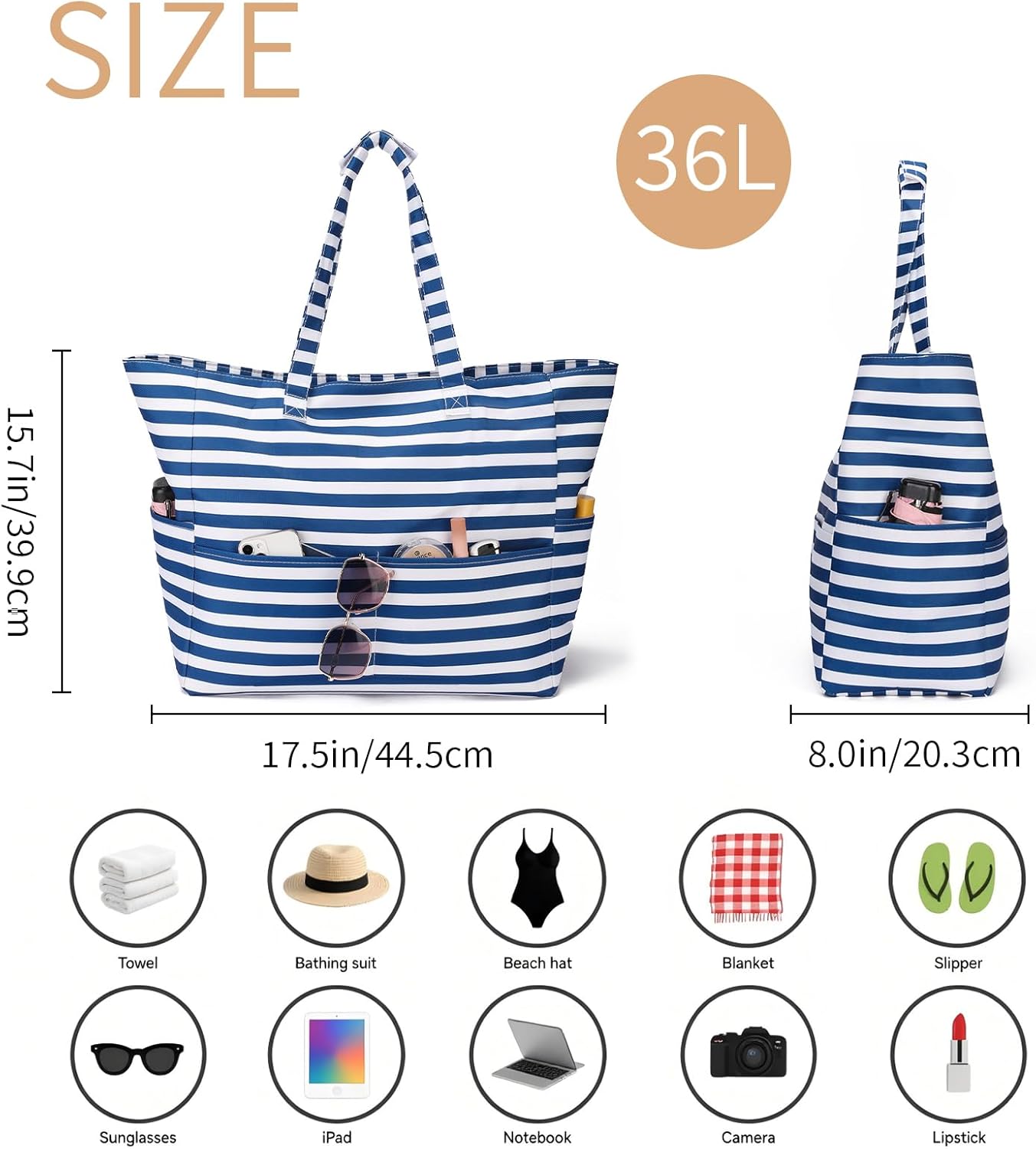 Beach Tote Bags for Women Large Beach Bag with Zipper Pool Bag for Gym Weekender Travel Water-resistant Sand-resistant - Image 3