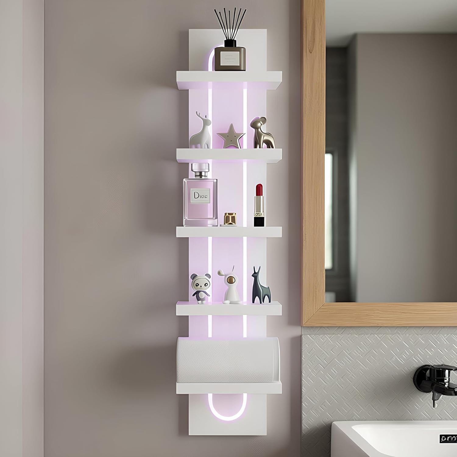 Exclusive U-Shaped 5-Tier Compact Narrow Wall Shelf Unit with RGB Lighting, Modern Vertical Shelf for Vanity, Ideal for Anime Figures, Perfumes, Cosmetics, Collectibles,White
