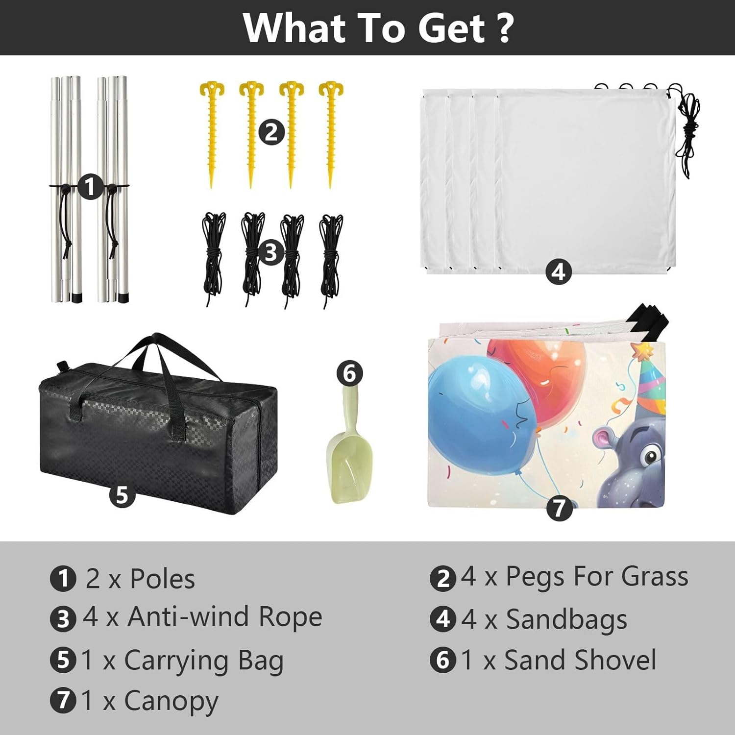 ALAZA Hippo and Balloons Beach Tent Sun Shelter UPF50+ Protection Beach Shade Canopy w/ 4 Sandbags for Outdoor Camping, Fishing, Backyard Fun, Picnic, 10x9 ft