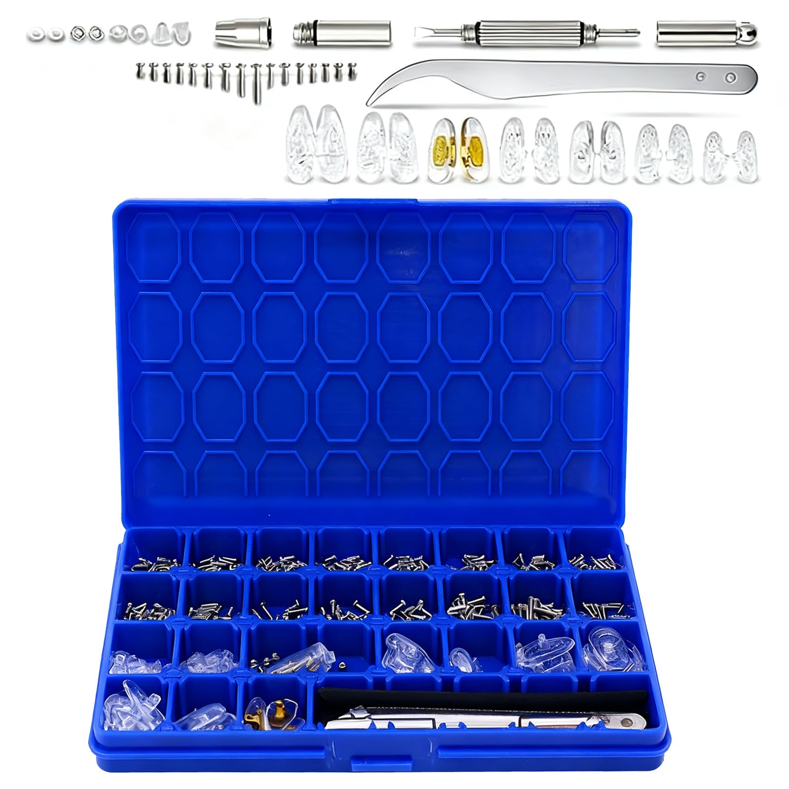 1000 Pcs Eyeglass Repair Kit, Complete Eyewear Fixing Set with Assorted Screws Screw Nuts Silicone Nose Pads 3-in-1 Screwdriver Tweezer & Cleaning Cloth for Eyeglasses Sunglasses Quick Repair