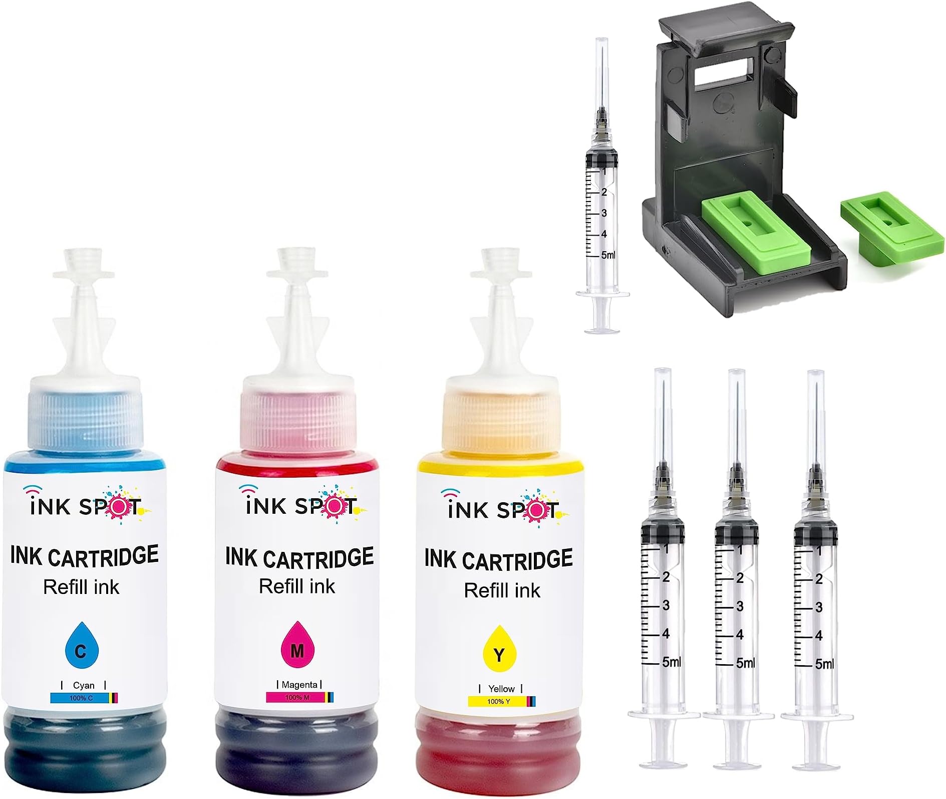 INKSPOT Refill Kit with Suction Tool Combo Pack of High Yield Inkjet Cartridge Ink Refill Compatible for HP and Canon Cartridge Printers - 100ml Per Bottle