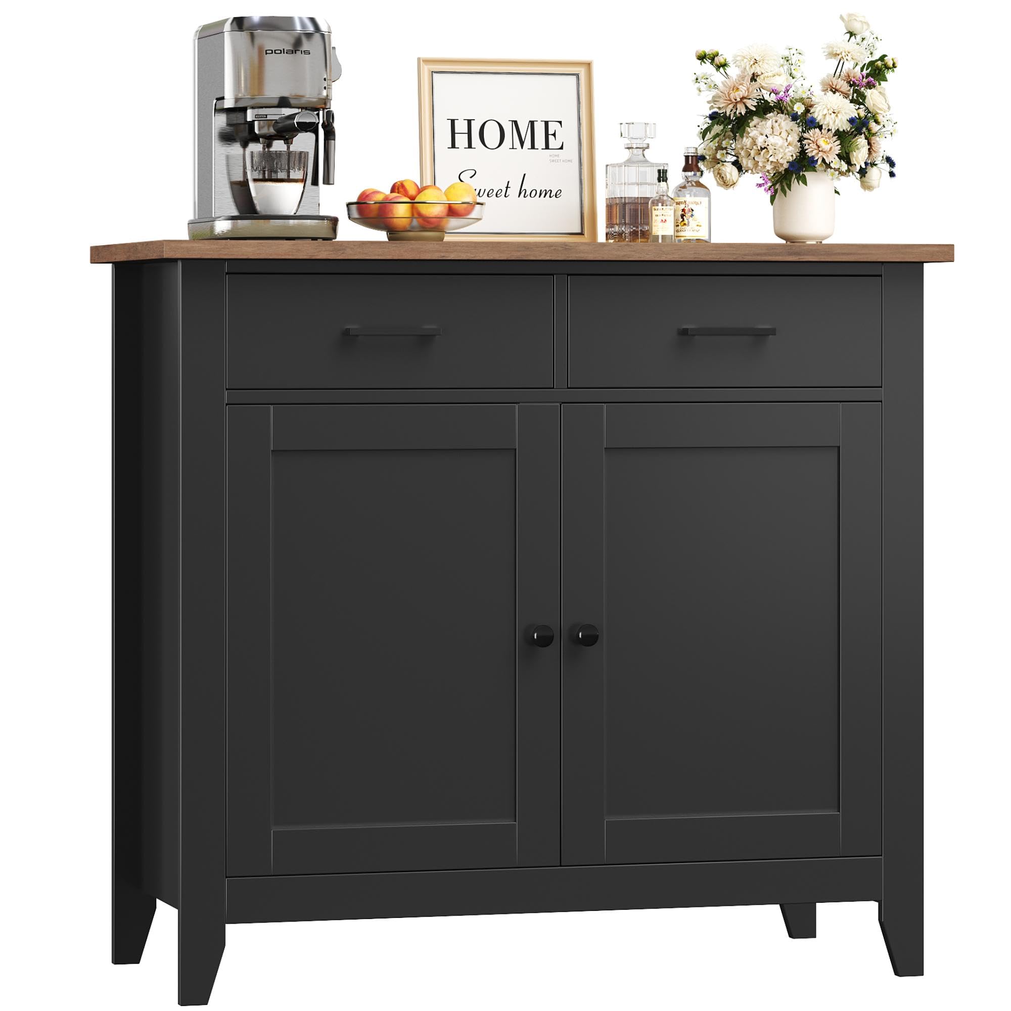 HOCSOK Credenza Buffet, Mobile da Cucina con 2 Armadi e 2 Cassetti, Armadio di Stoccaggio in Legno, Stile Farmhouse, per Soggiorno Sala da Pranzo, Ingresso, Nero, 82x40x91cm