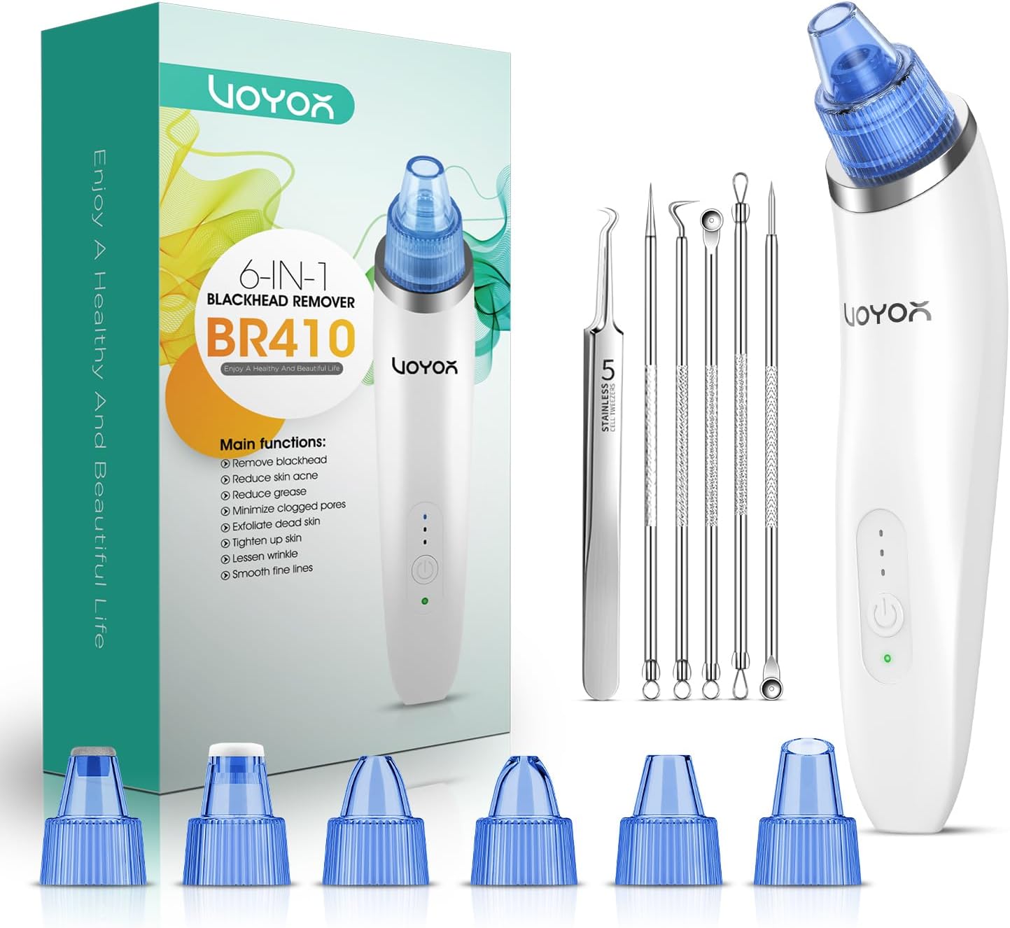VOYOR Blackhead Remover Pore Vacuum with 6 Suction Heads for Face | 3 Suction Modes, Rechargeable Blackhead Remover Tool with Microcrystalline Head, Pore Cleaner Acne White Heads Removal, BR410