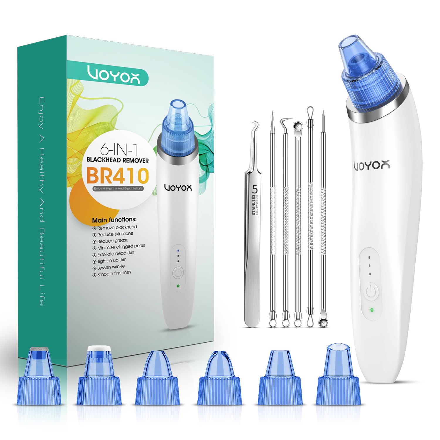 VOYOR 6 en 1 Aspirateur Point Noirs Professionnel Extracteur de Point Noir Electrique Tire Comedons Nettoyant de Pores Soin Visage Femme Blackhead Removal, 6 Sondes et 3 Modes, Rechargeable BR410