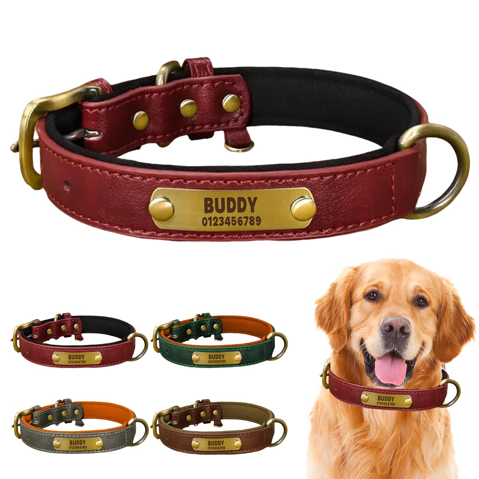 Personalised Dog Collar, Soft Padded and Heavy Duty with Engraved Name Plate, Adjustable for Small, Medium and Large Dogs (Wine, L: Neck 38-48cm, Width 2.7cm)