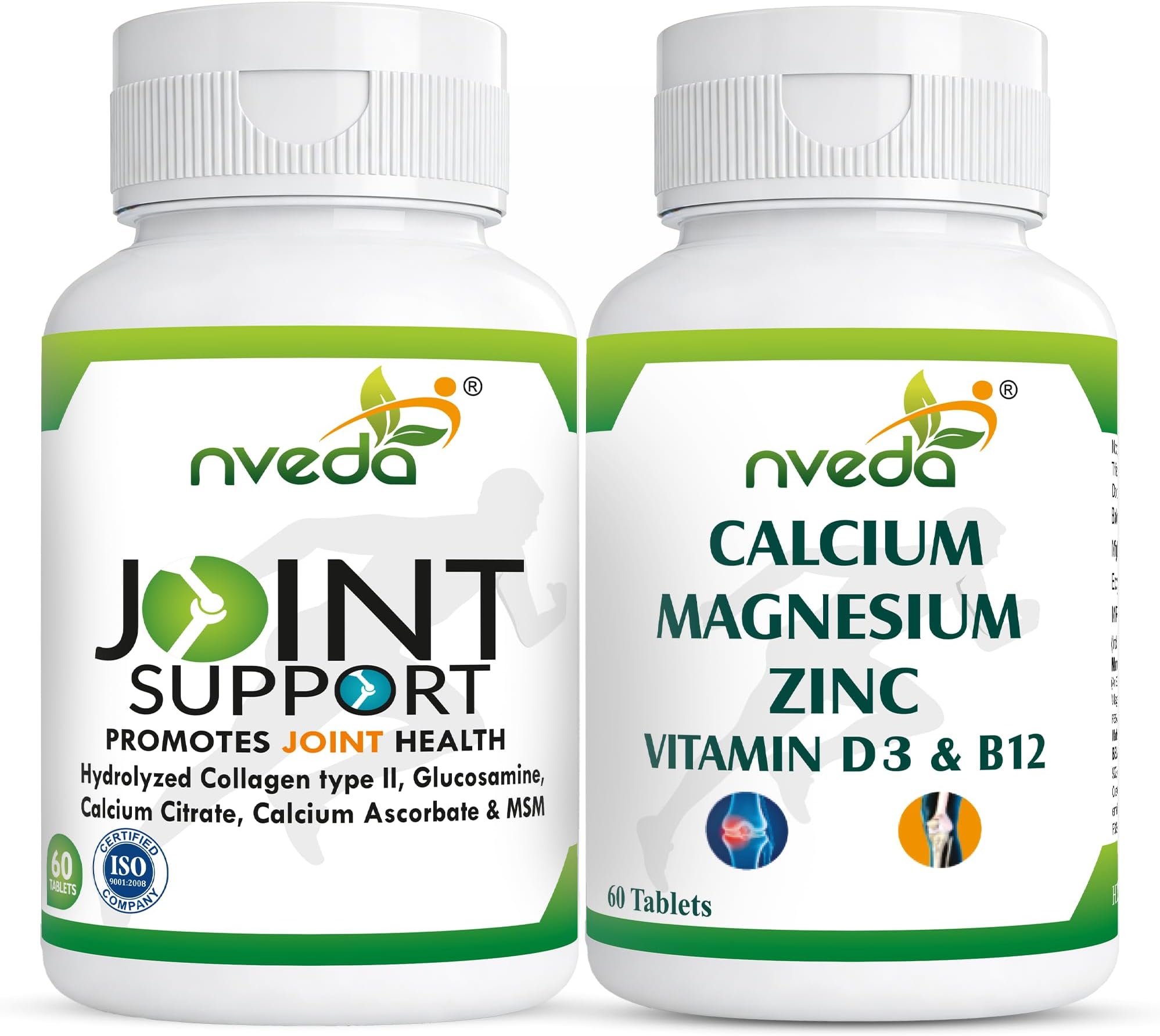 Joint Support & Calcium Tablets Combo Pack | Glucosamine, Collagen Type 2, Calcium, Magnesium, Zinc, Vitamin D3 & B12 | Joint Pain Relief, Bone Strength & Arthritis Support Supplement for Men & Women | 60 Tablets Each
