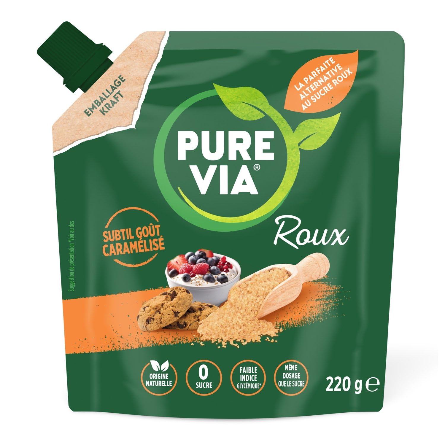 PURE VIA Edulcorant Roux en Poudre à Base de Stévia 220g, Alternative au Sucre Roux avec Subtil Goût Caramélisé, Faible Indice Glycémique, Même Dosage que le Sucre - Lot de 3