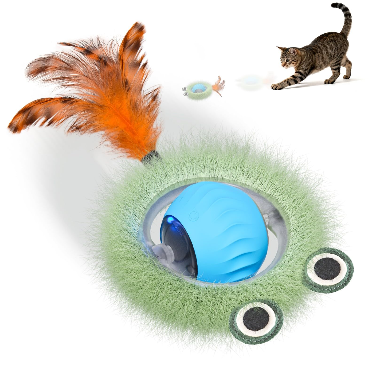 Zeepet Cat Ball Toys, Interactive Cat Toys for Indoor Cats Adult, Automatic Kitten Toys for Indoor Kittens, Rechargeable Moving Ball Chirping Motion Activated Enrichment Exercise with Tail Feather