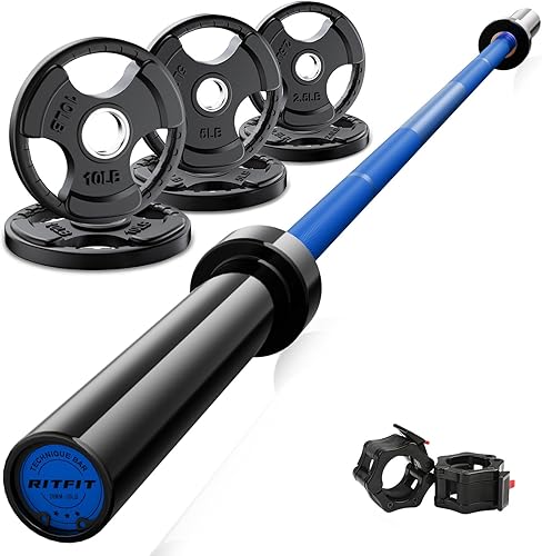 Miniatura 24 de RitFit Barbell Weight Set - 4/6FT Olympic Barbell with Weight Plates (55-115LB Total) - Weightlifting Equipment for Squats, Curls, Deadlifts,