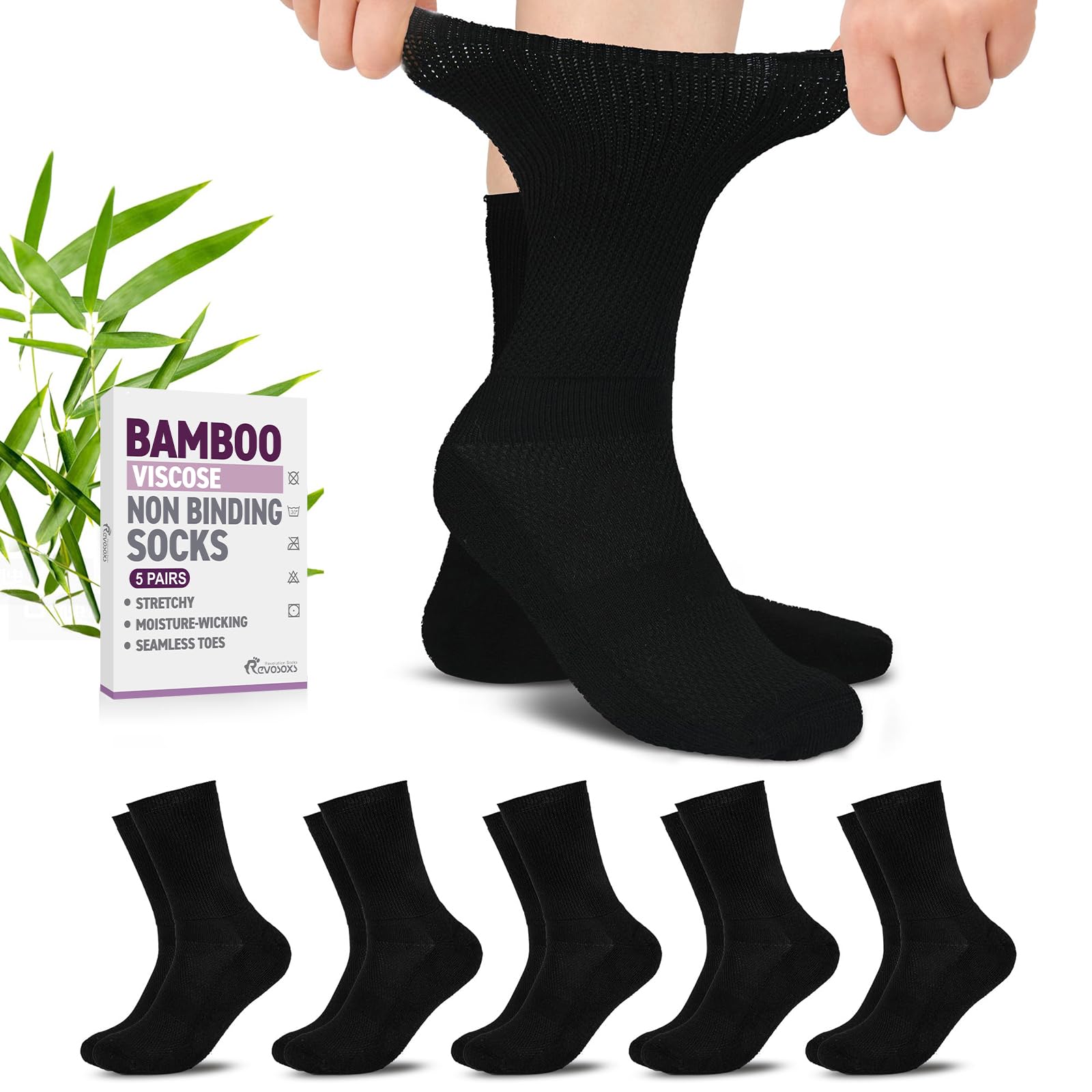 Revosoxs Diabetic Crew Socks for Men Women,Bamboo Viscose Non-Binding Loose Top Wide Socks with Seamless Toe 9-12 10-13