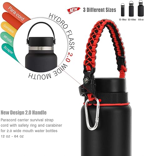 Miniatura 2 de Asa de cuerda de paracaídas para botella Hydro Flask 2.0 de boca ancha estándar con anillo y mosquetón (12, 16, 18, 20, 32, 40 y 64 onzas)