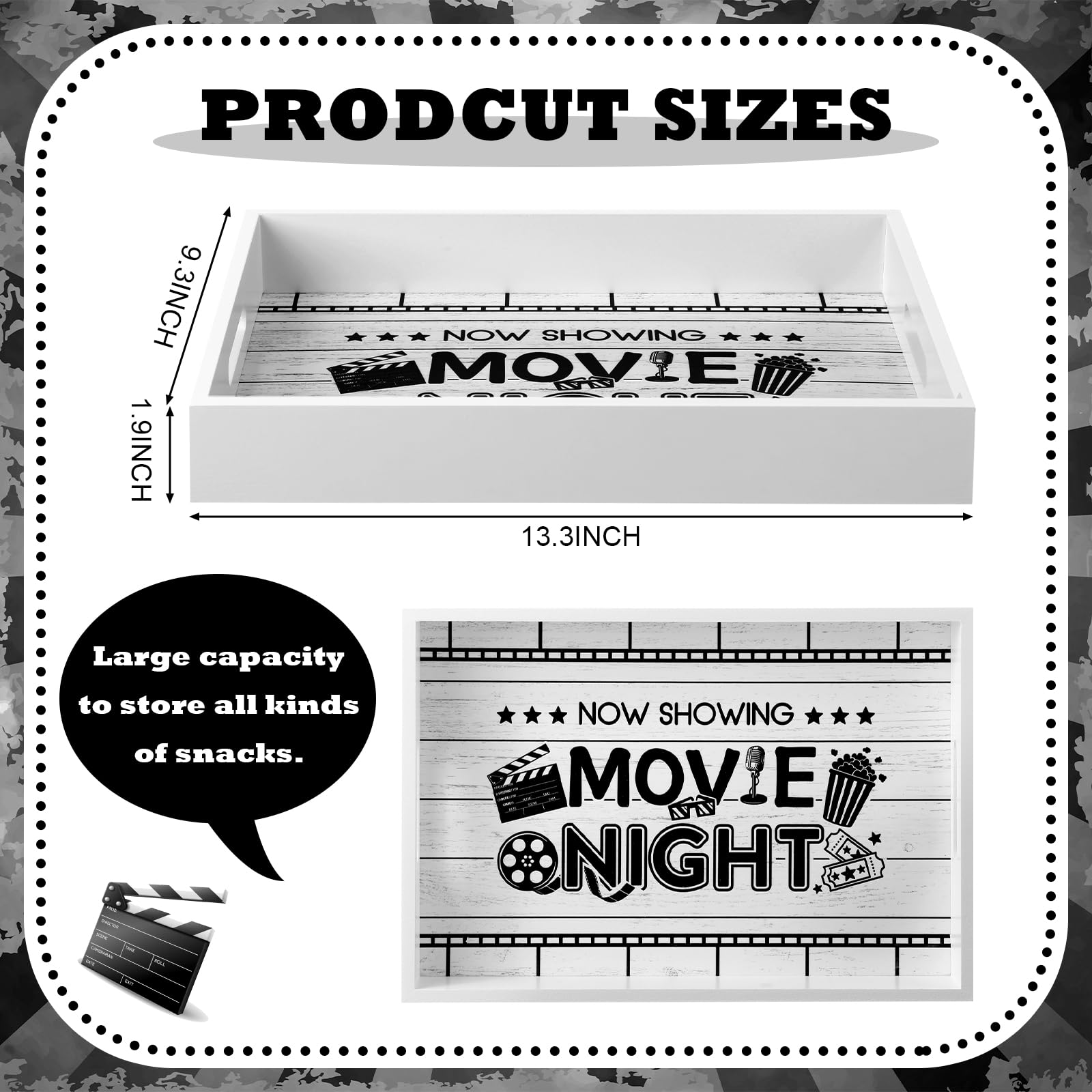 Teenyyou Bandeja de servir de noche de cine con asas, caja de almacenamiento de aperitivos de madera para bandeja de almacenamiento de encimera, cesta de almacenamiento para el hogar, patatas fritas,