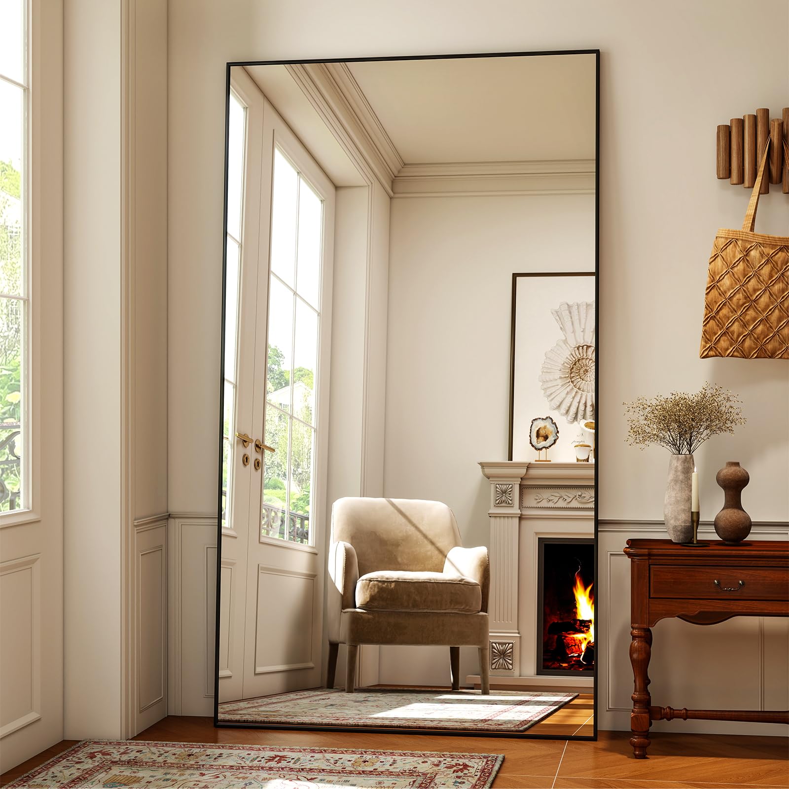 Koonmi 200x90cm, Mirror Full Length - Minimalist Modern Full Body Floor Length Mirror - Standing, Hanging, Leaning for Living Room, Black