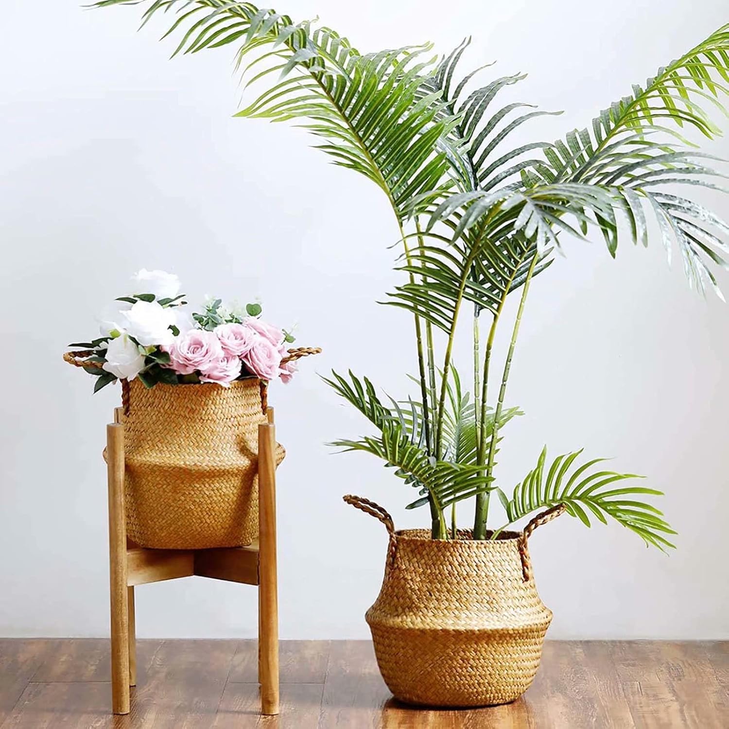 Natural Seagrass Plant Basket with Handles 2 Pack Handmade Woven Belly Basket Home Storage Laundry Picnic Plant Pot Cover Woven Straw Beach Bag for Succulents Flower Storage Basket(Large,Brown)