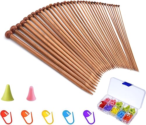 Juego de agujas de tejer de bambú, 36 agujas de tejer carbonizadas de una sola punta, tamaños de 0.98 a 0.98 pulgadas, herramientas de tejer de 9.8
