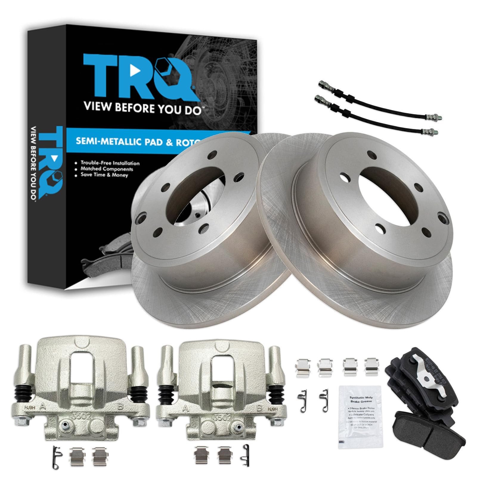 TRQ Rear Brake Pad and Rotor Set Semi Metallic Rotors Calipers Compatible with 2011-2014 Chrysler 200 2007-2010 Sebring 2008-2014 Dodge Avenger 2007-2017 Jeep Compass Patriot