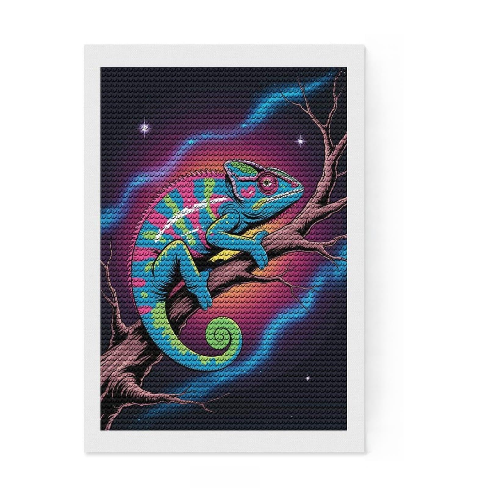 Junmoney Colorful Chameleon on Branch in Space DIY Diamond Art Canvas Kit 8"x12", Round Gems, Creative Hobby, Fun Craft Activity, Vintage Style Decor