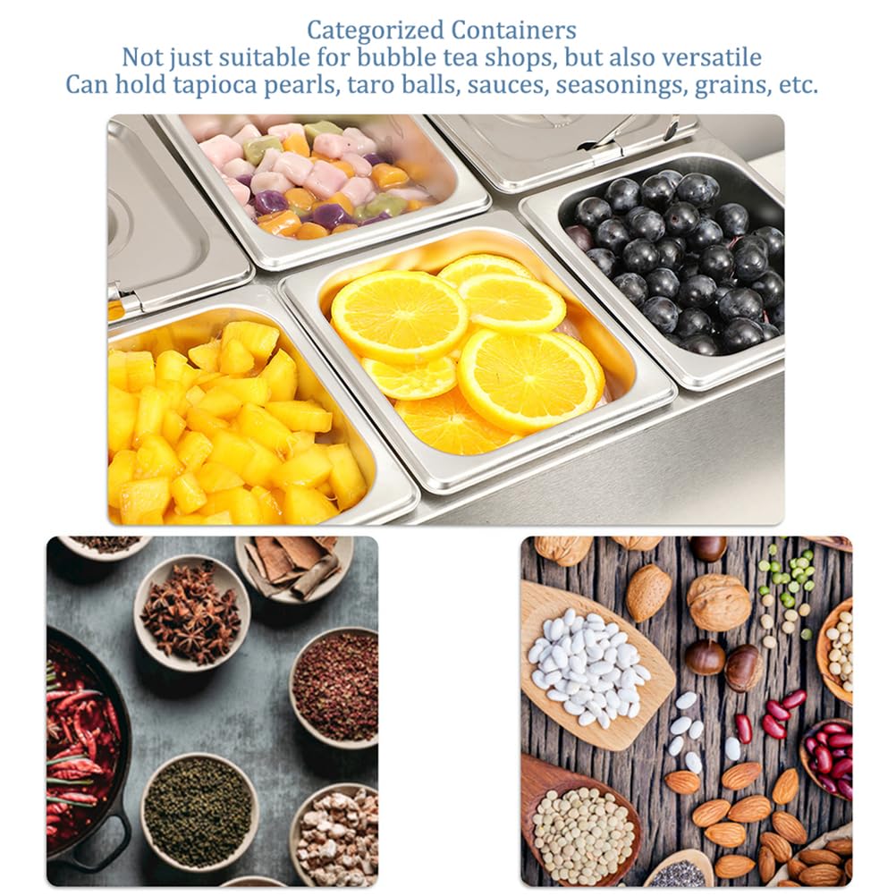 Juego de especias de acero inoxidable con estante organizador inclinado, incluye 6 sartenes y 6 cucharones para salsas, ingredientes, frutas y aderezos