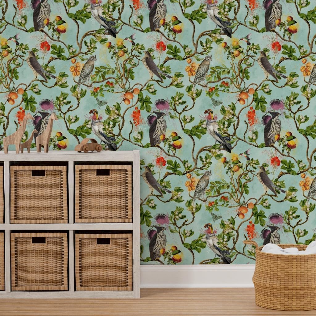 Peel & Stick Wallpaper 3ft x 2ft - Vintage Birds Falcon Hawk Watercolor Chinoiserie Antiqued of Prey Blue Green Botanical Custom Removable Wallpaper by Spoonflower